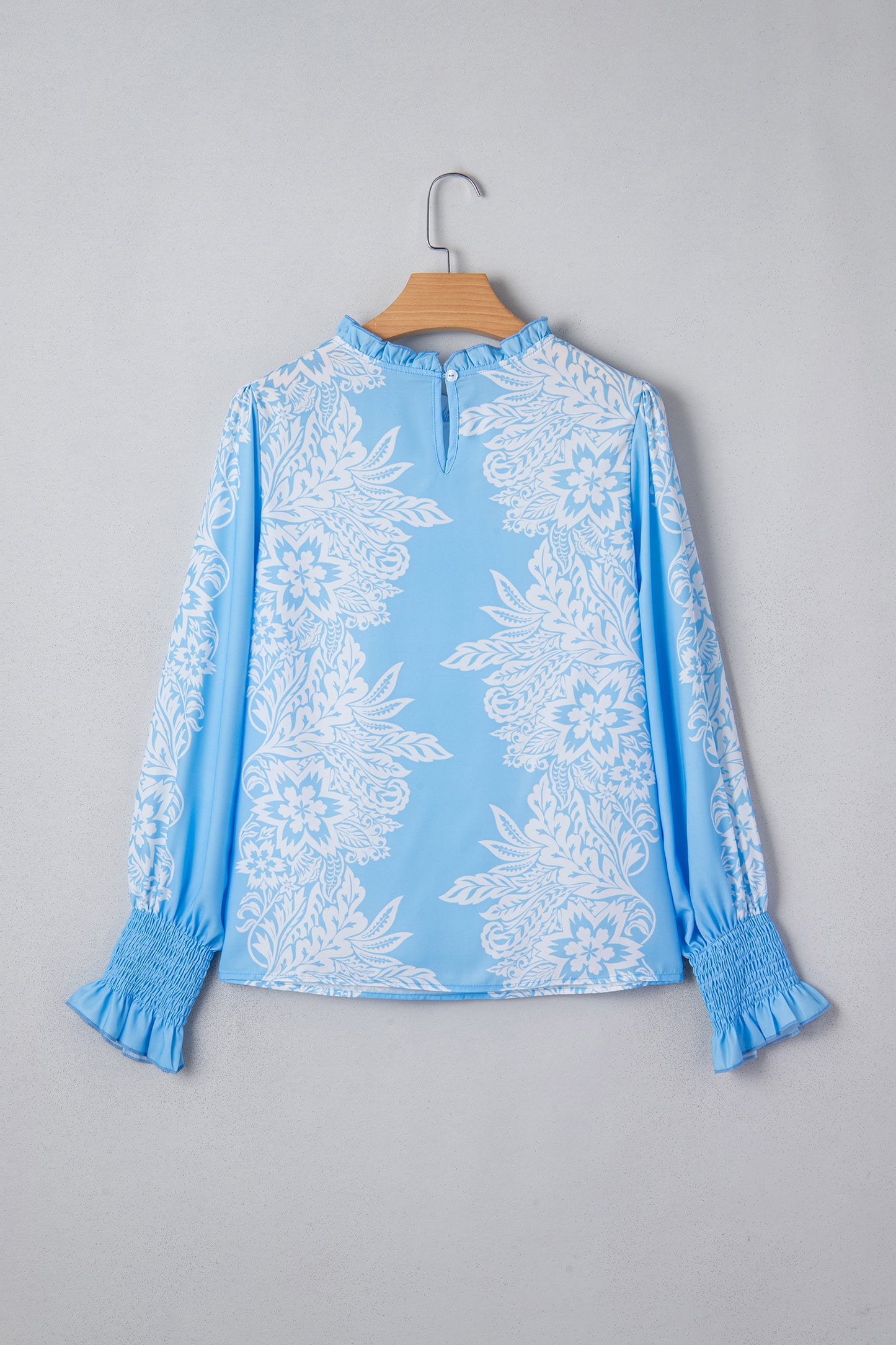 Sky Blue Ruffled Collar Puff Sleeve Flower Blouse-Tops/Blouses & Shirts-[Adult]-[Female]-2022 Online Blue Zone Planet
