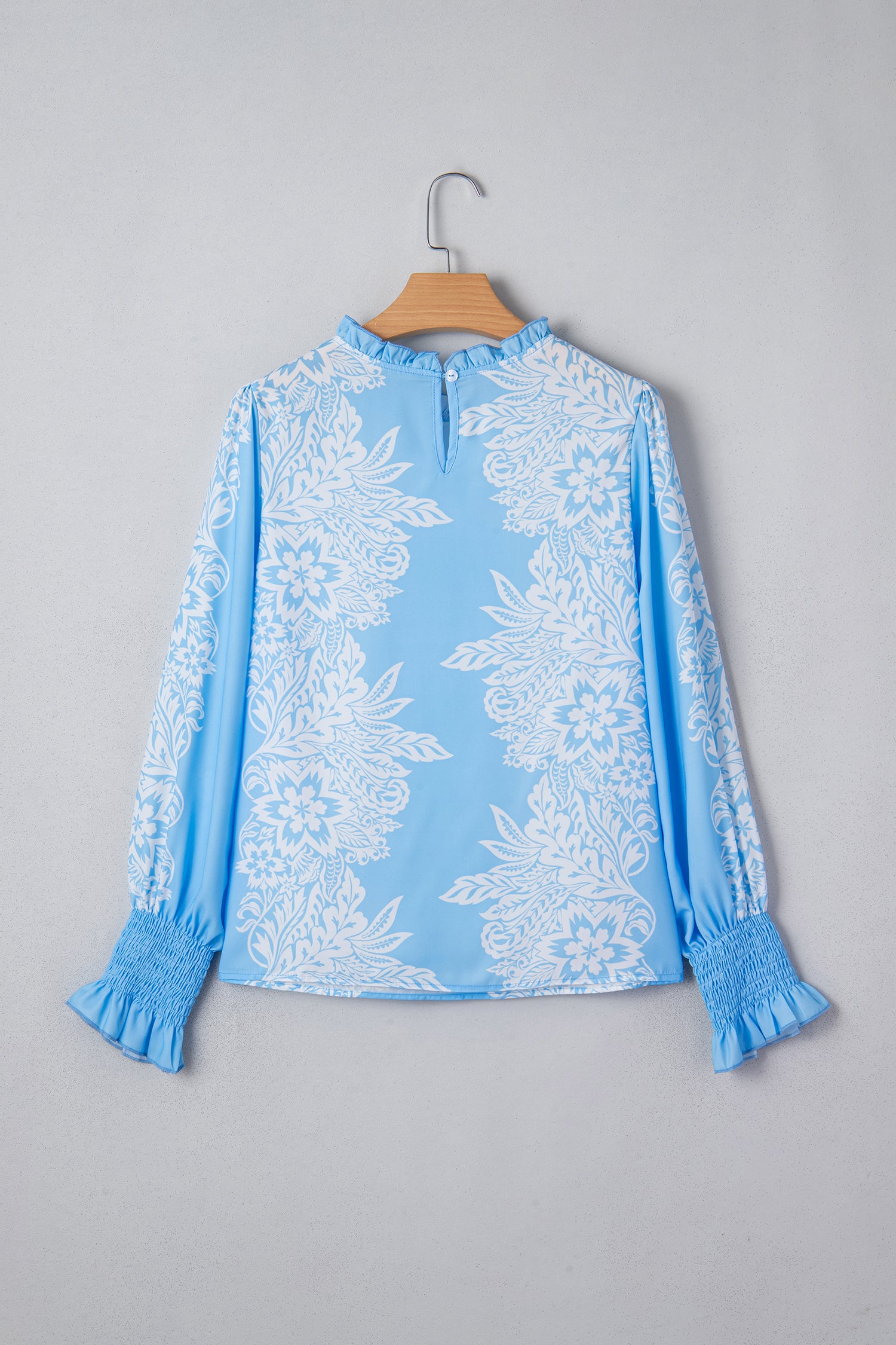 Sky Blue Ruffled Collar Puff Sleeve Flower Blouse-Tops/Blouses & Shirts-[Adult]-[Female]-2022 Online Blue Zone Planet