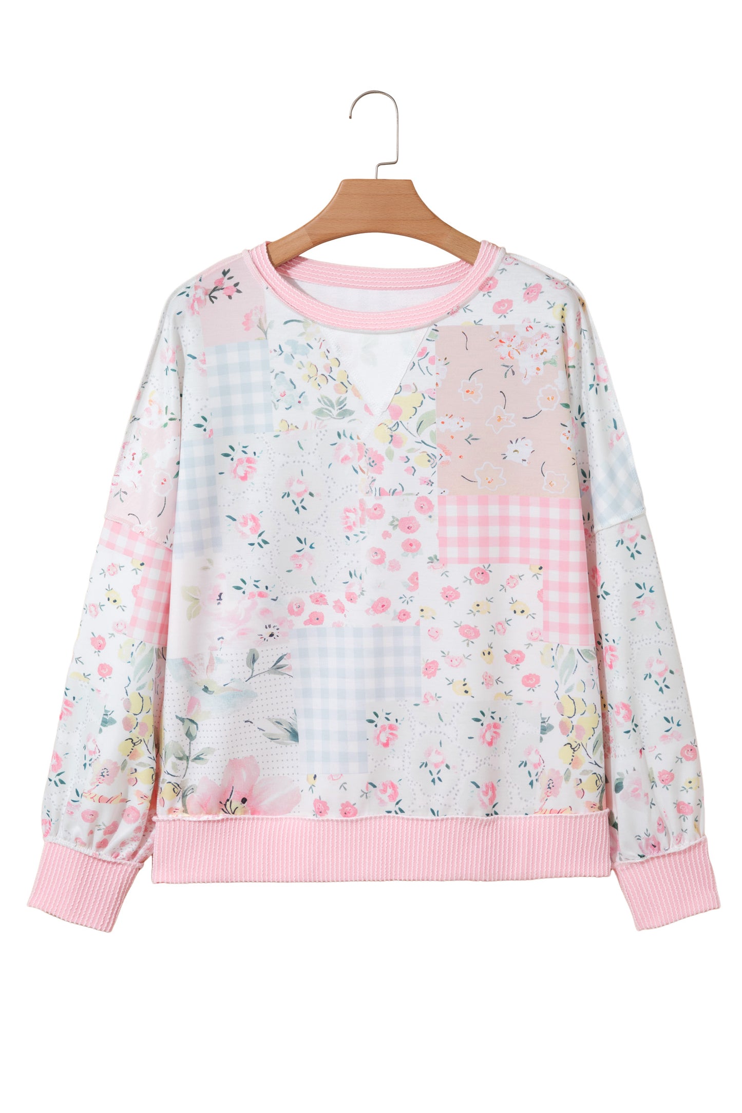 Pink Twisted Ribbed Trim Floral Print Patchwork Long Sleeve Top-Tops/Long Sleeve Tops-[Adult]-[Female]-2022 Online Blue Zone Planet
