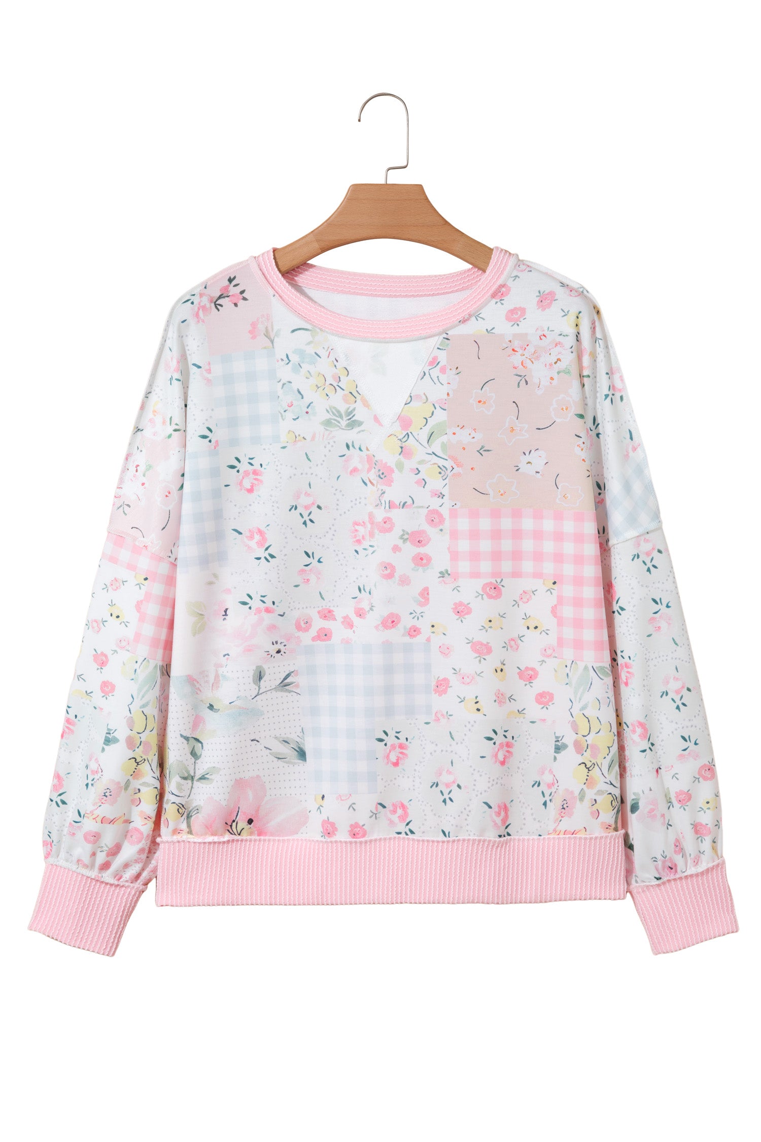 Pink Twisted Ribbed Trim Floral Print Patchwork Long Sleeve Top-Tops/Long Sleeve Tops-[Adult]-[Female]-2022 Online Blue Zone Planet