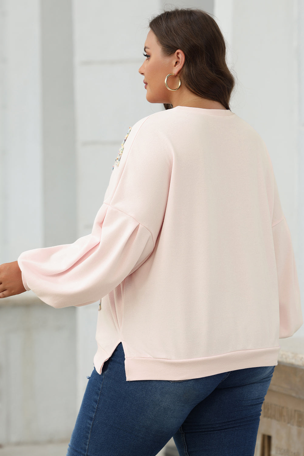 Blue Zone Planet | Light Pink Embroidered Bow Lantern Sleeve Oversized Pullover Sweatshirt-Tops/Sweatshirts & Hoodies-[Adult]-[Female]-2022 Online Blue Zone Planet