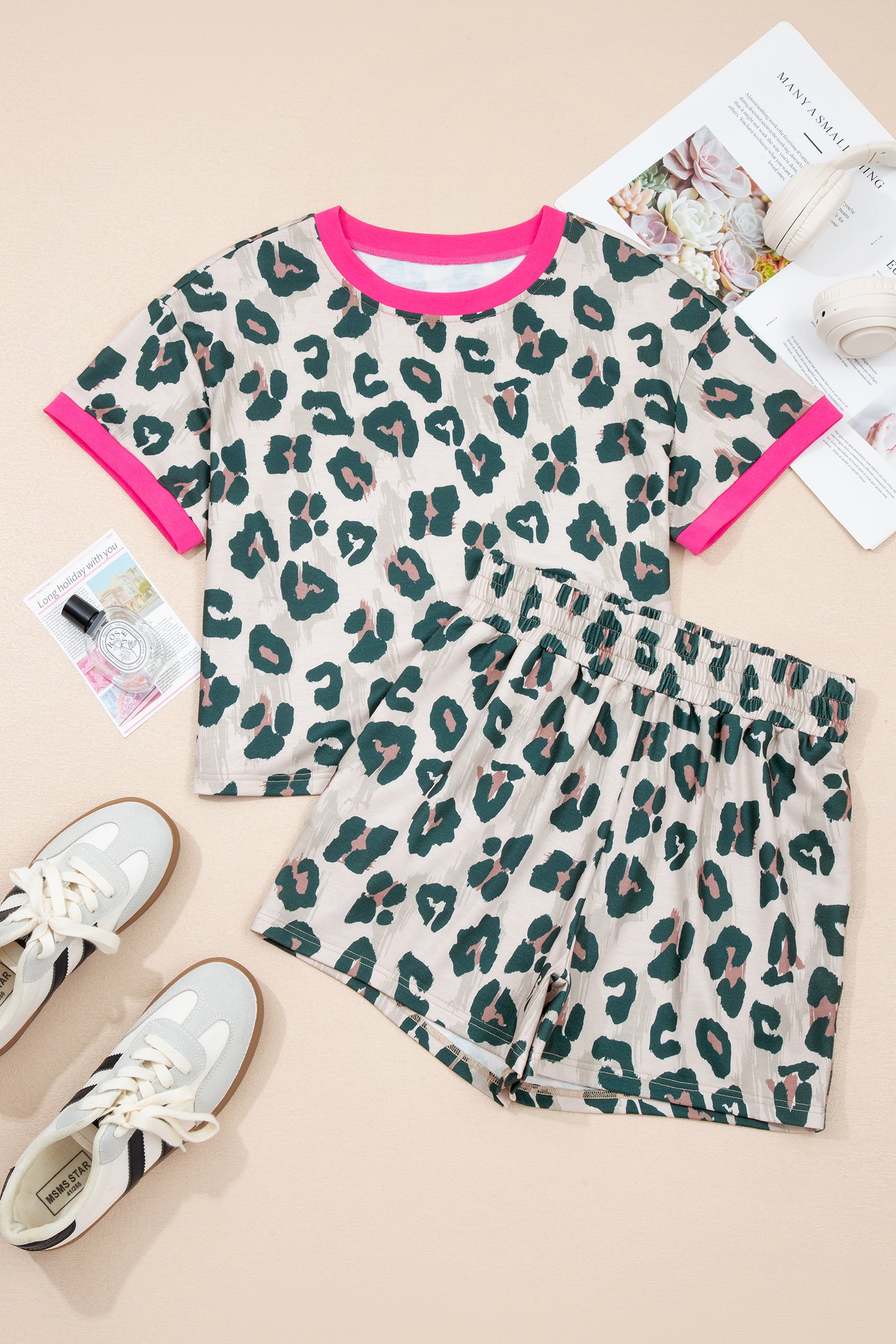 Brown Unique Leopard Print Contrast Trim Top Loose 2pcs Short Set-Two Piece Sets/Short Sets-[Adult]-[Female]-2022 Online Blue Zone Planet