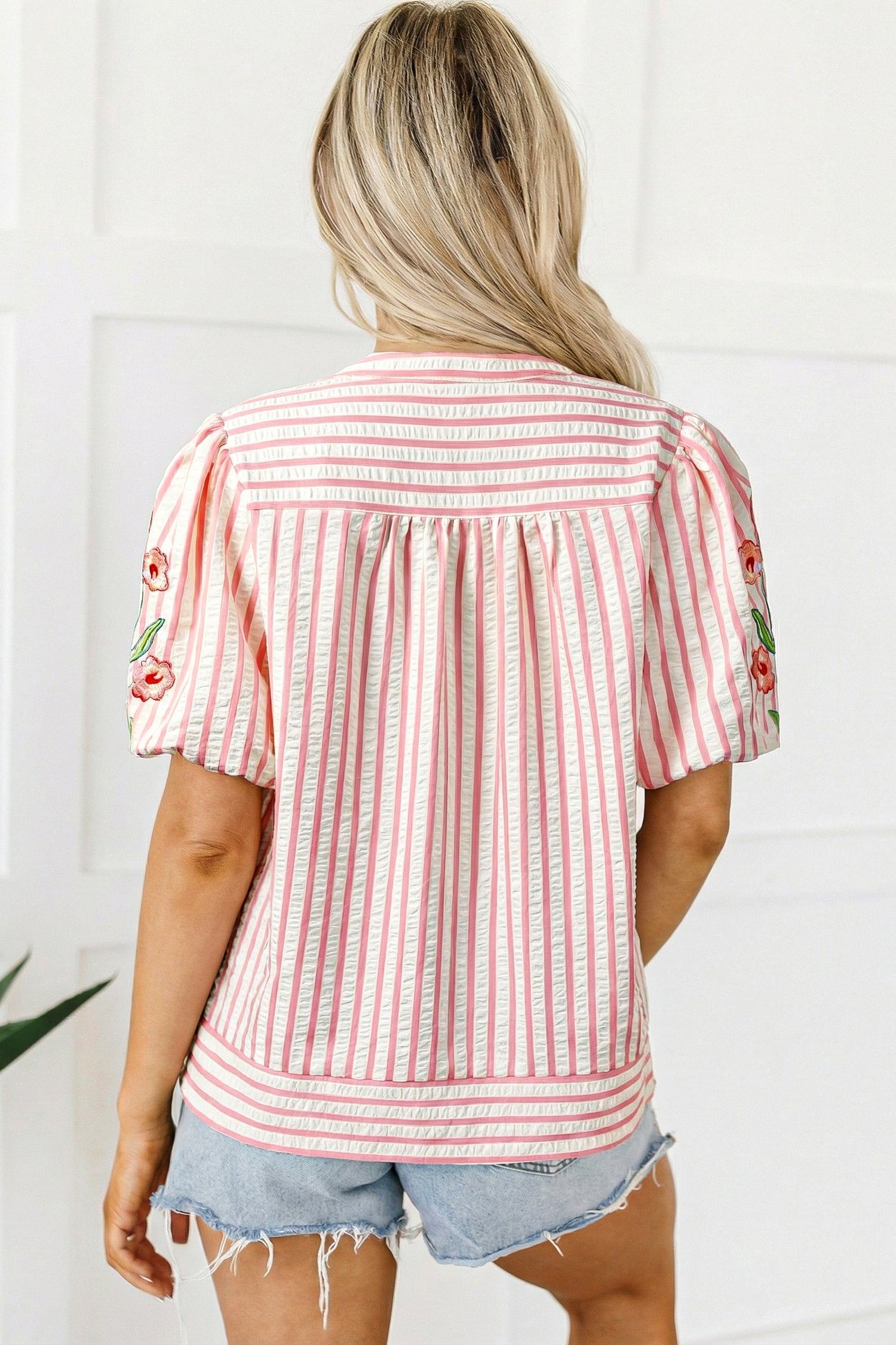 Pink Stripe Print Floral Embroidered Puff Sleeve V Neck Blouse-Tops/Blouses & Shirts-[Adult]-[Female]-2022 Online Blue Zone Planet