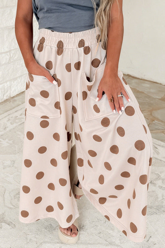 Khaki Polka Dot Wide Leg Elastic Waist Casual Pants-Bottoms/Pants & Culotte-[Adult]-[Female]-2022 Online Blue Zone Planet