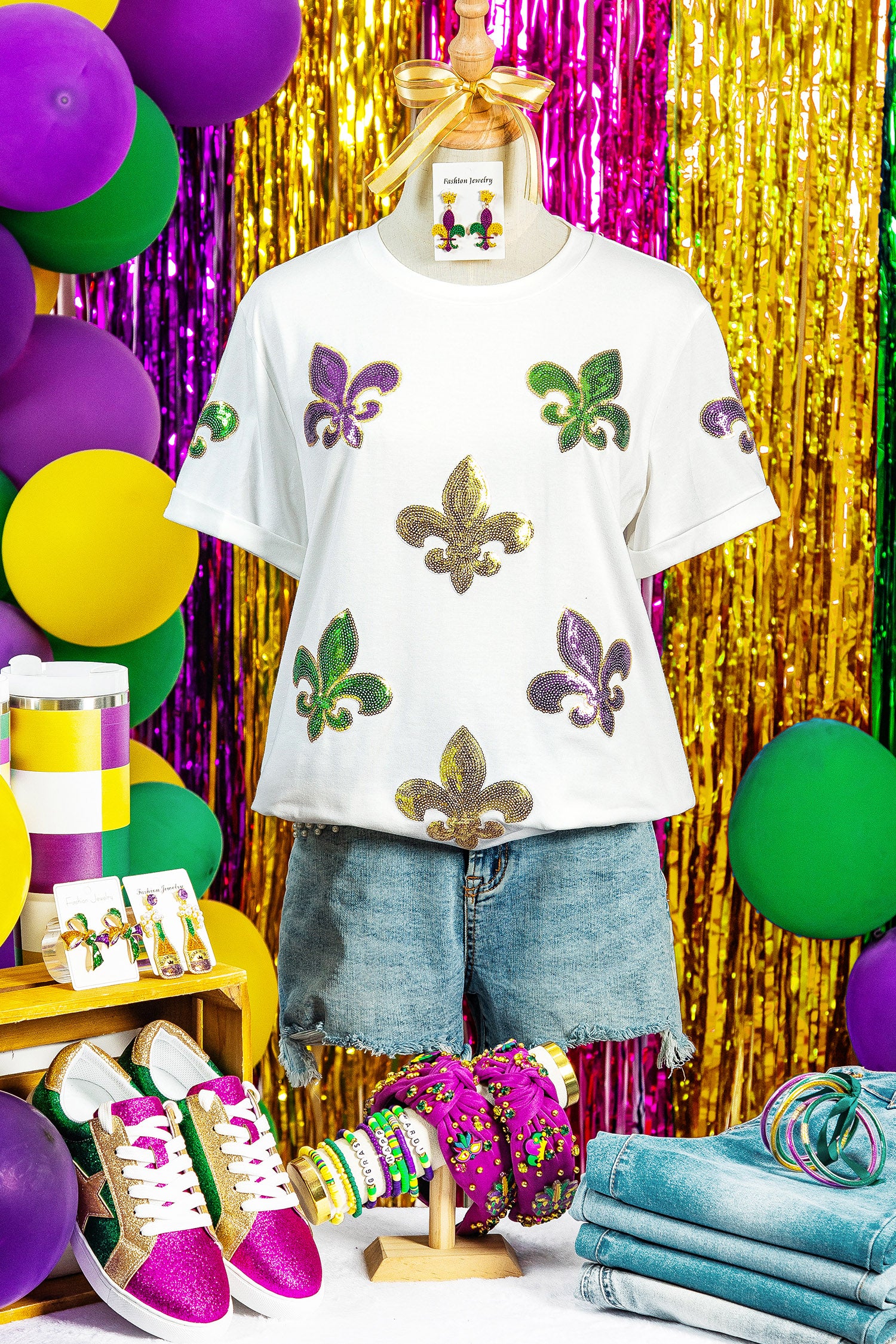 White Mardi Gras Fleur De Lis Sequin Graphic T Shirt-Graphic/Graphic Tees-[Adult]-[Female]-2022 Online Blue Zone Planet