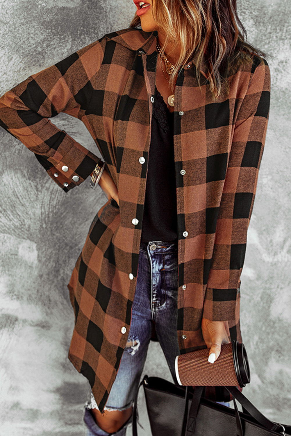 Brown Turn-down Collar Plaid Shirt Coat-Outerwear/Coats-[Adult]-[Female]-Brown-S-2022 Online Blue Zone Planet