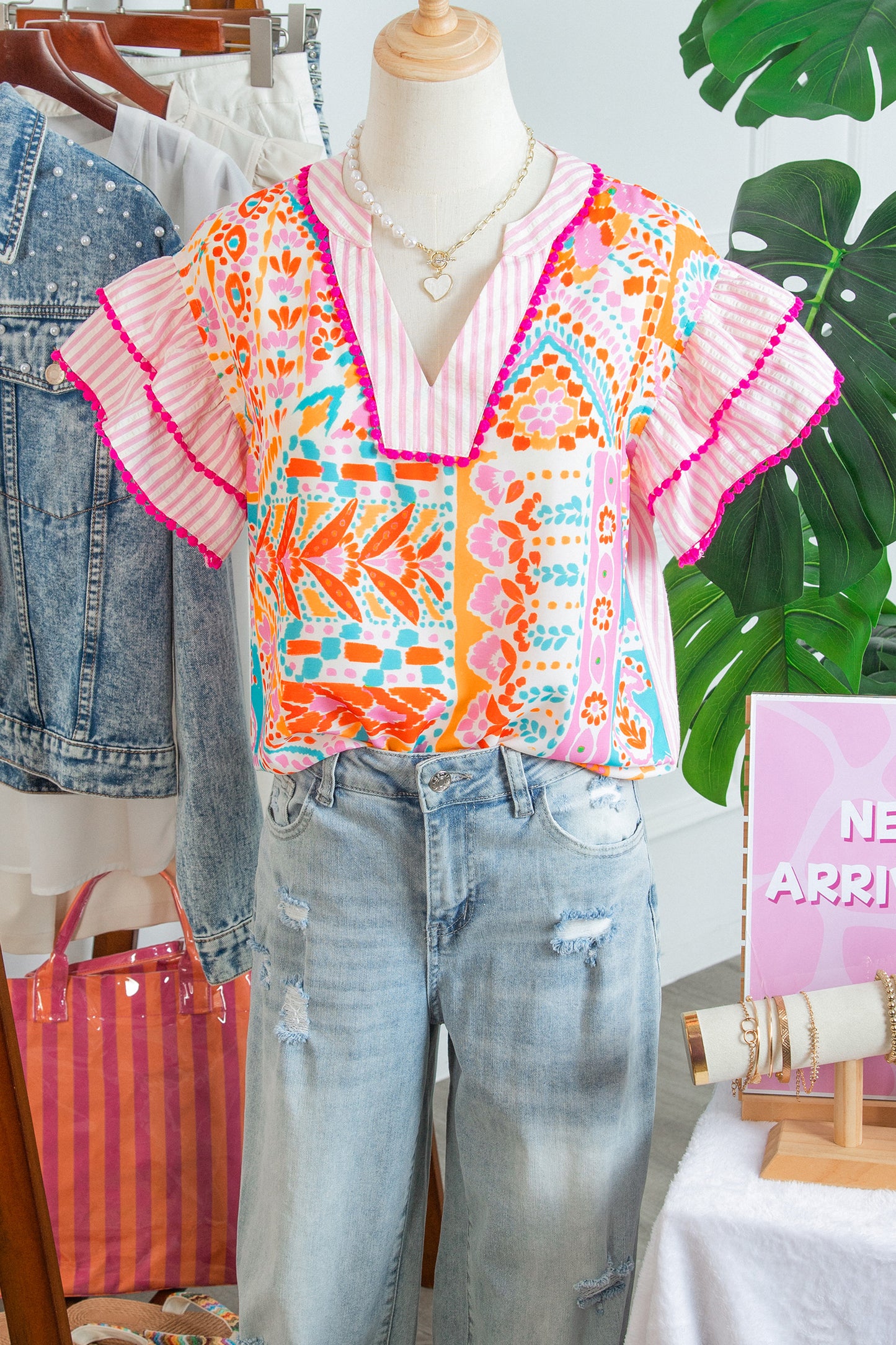 Rose Boho Mixed Print Contrast Trim Striped Patchwork Tiered Short Sleeve Blouse-Tops/Blouses & Shirts-[Adult]-[Female]-2022 Online Blue Zone Planet