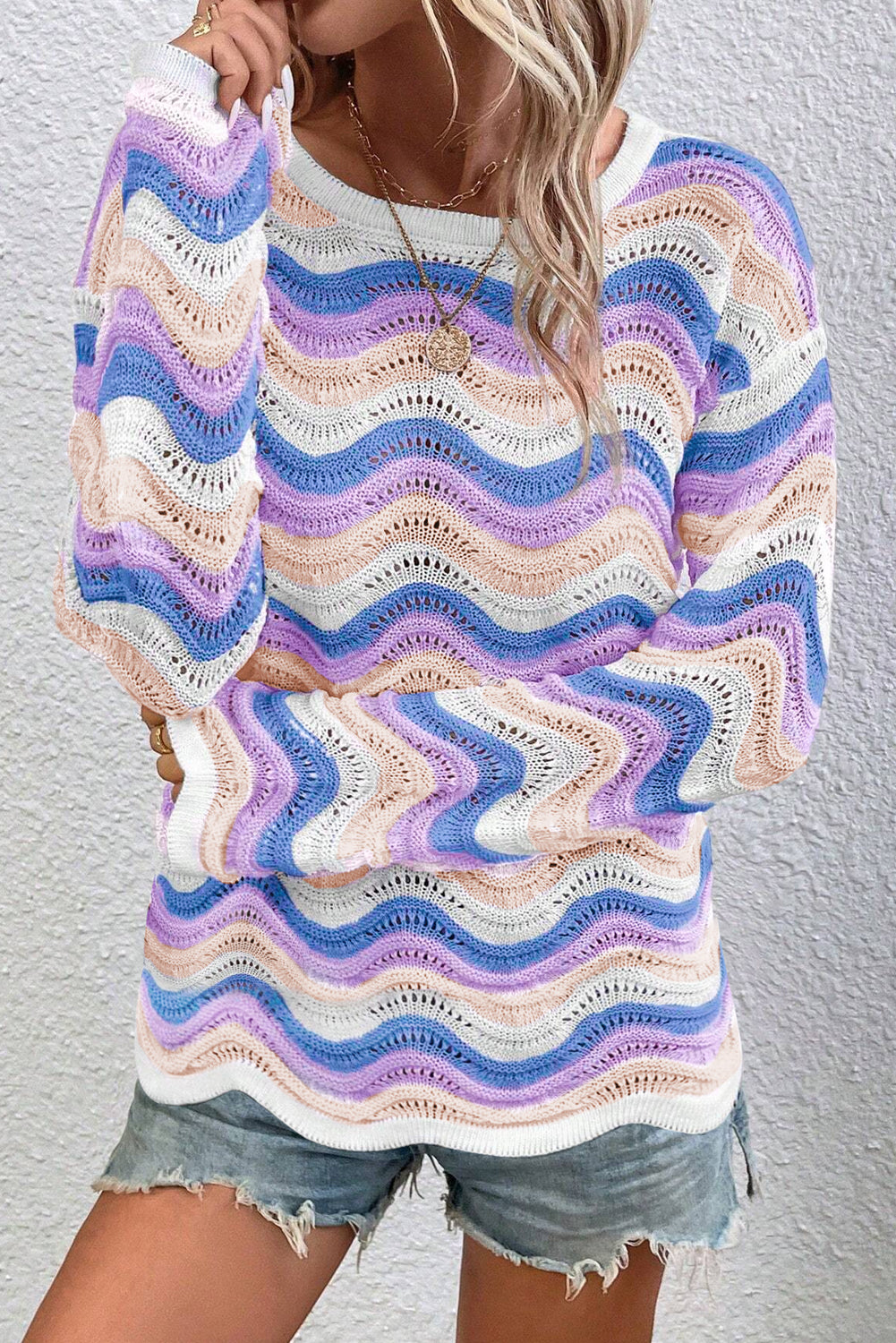 Purple Stripe Wavy Pointelle Knit Drop Shoulder Sweater-Sweaters & Cardigans/Sweaters-[Adult]-[Female]-2022 Online Blue Zone Planet