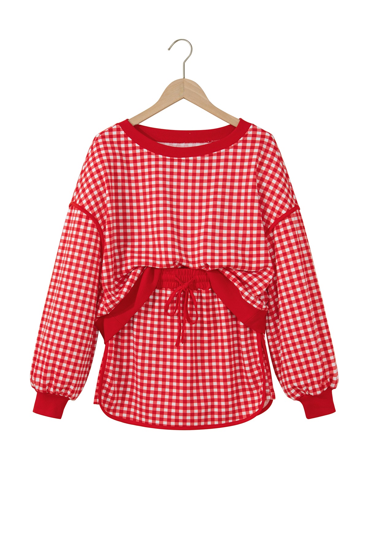Red Gingham Oversized Ribbed Trim Crew Neck Long Sleeve Top and Skort Set-Two Piece Sets/Two Piece Dresses-[Adult]-[Female]-2022 Online Blue Zone Planet