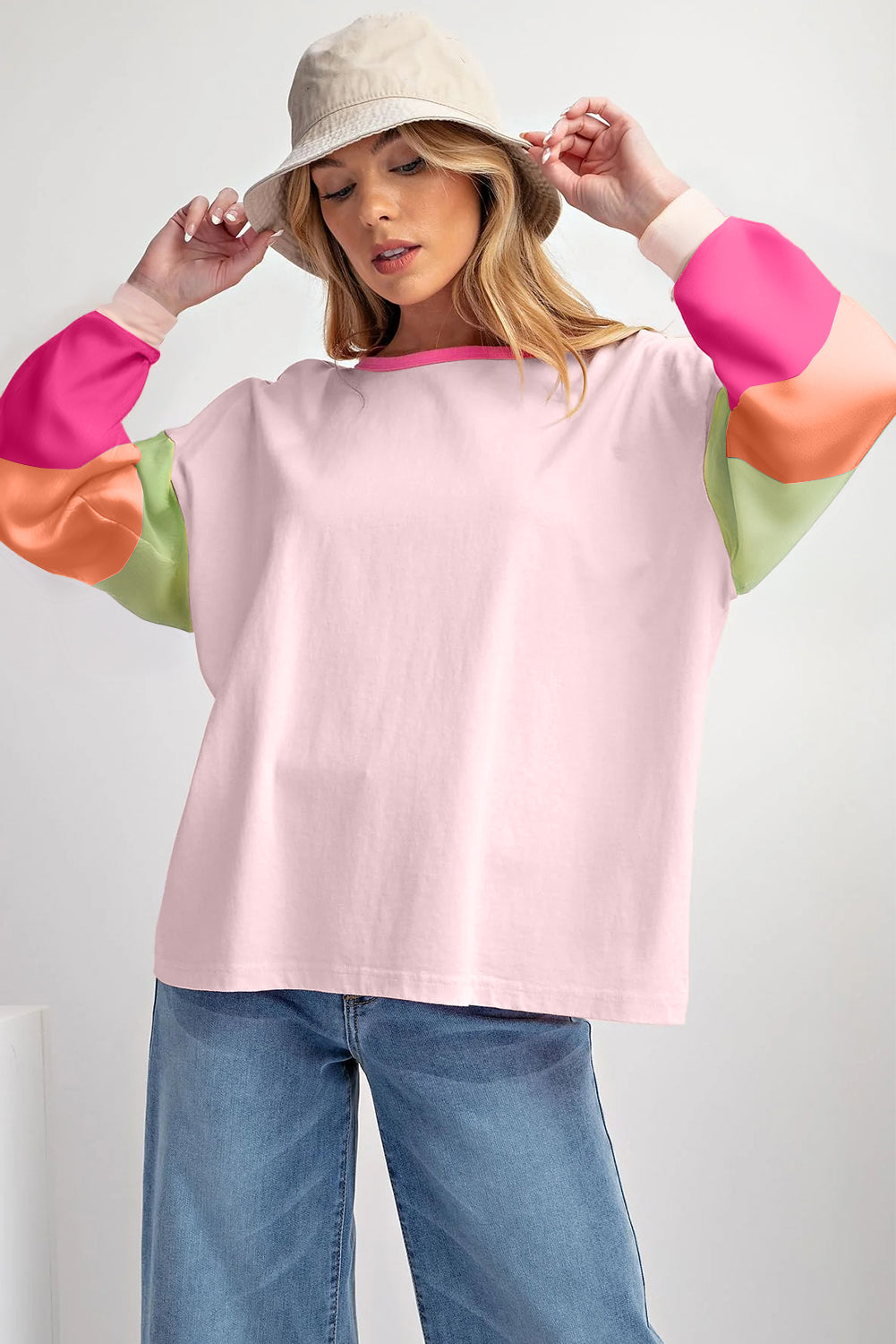 Blue Zone Planet | Green Colorblock Patchwork Long Sleeve Loose Top-TOPS / DRESSES-[Adult]-[Female]-2022 Online Blue Zone Planet