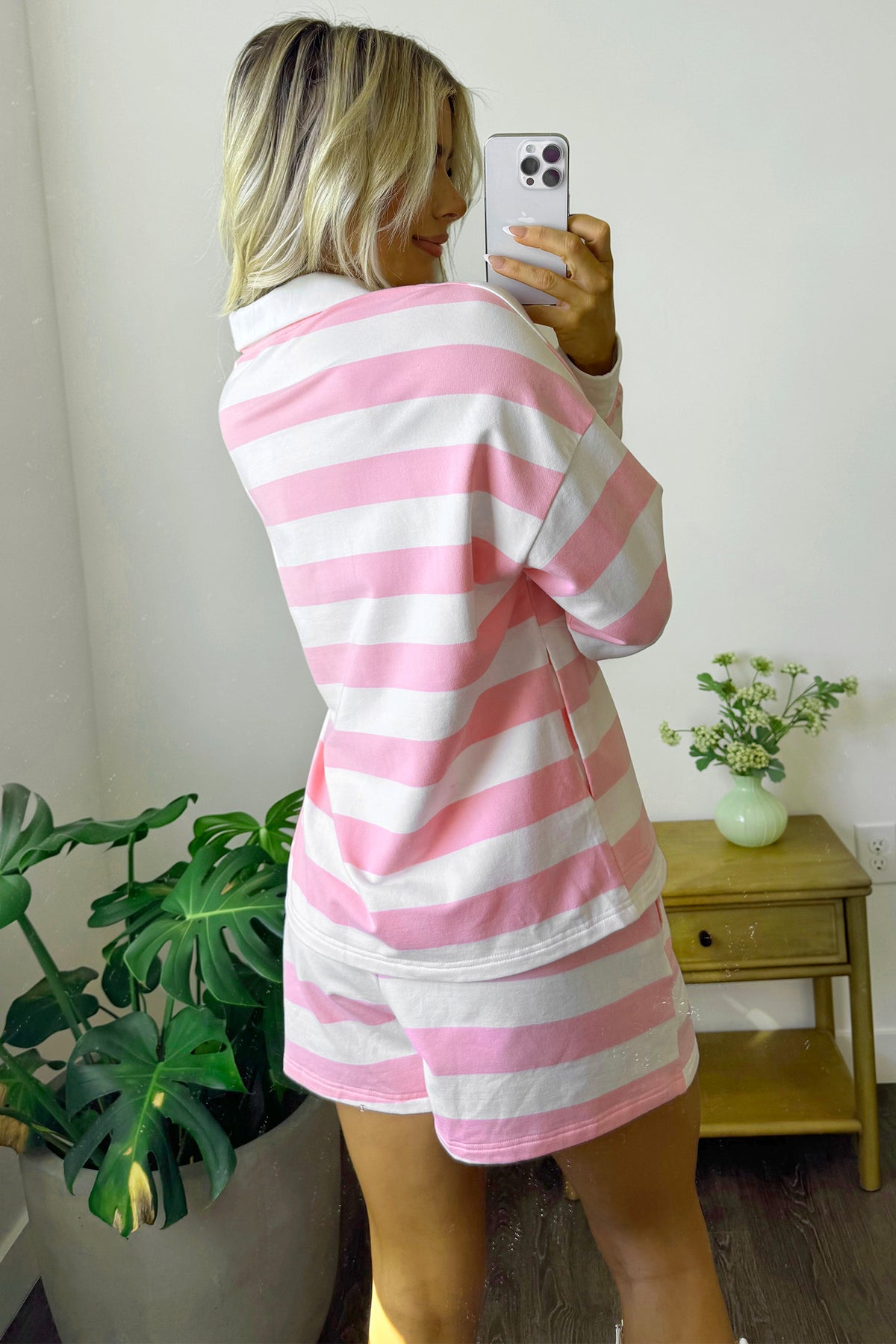 Pink Stripe Patchwork Zipper Pullover Elastic Waist Shorts 2pcs Set-Two Piece Sets/Short Sets-[Adult]-[Female]-2022 Online Blue Zone Planet