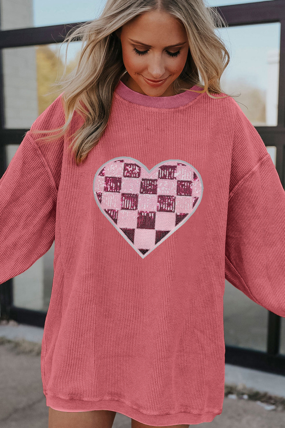 Strawberry Pink Checkered Heart Graphic Ribbed Valentines Sweatshirt-Graphic Sweatshirts-[Adult]-[Female]-2022 Online Blue Zone Planet