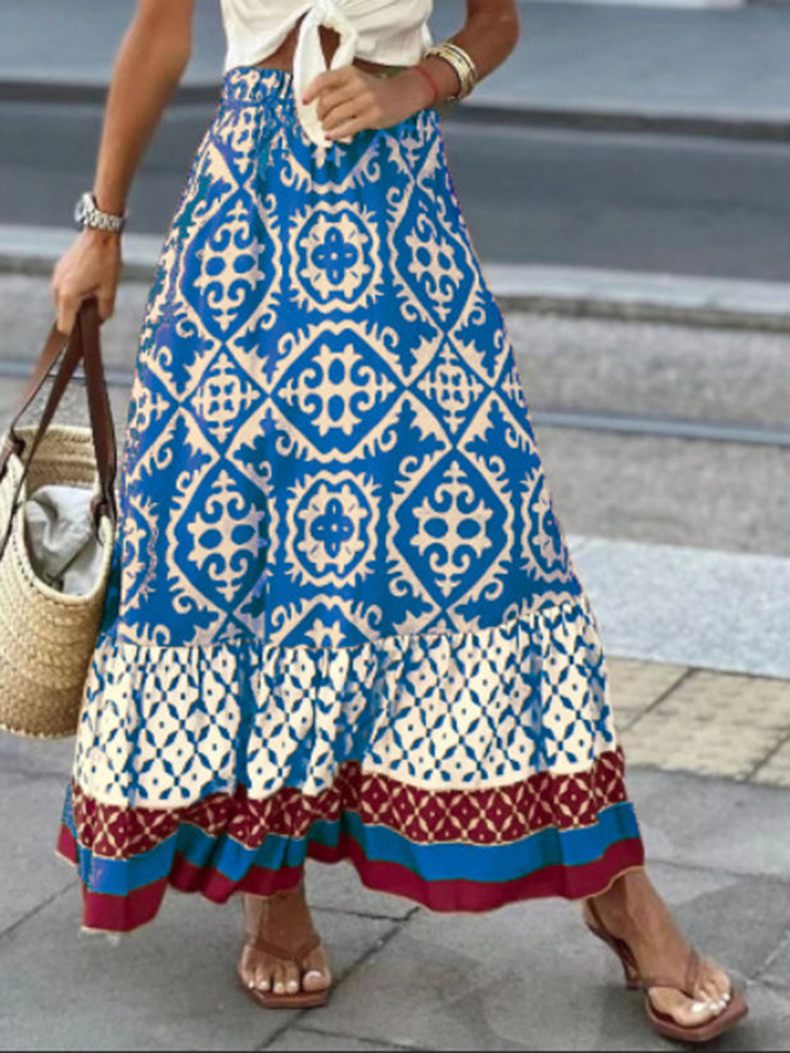 Geometric Elastic Waist Maxi Skirt-BOTTOMS SIZES SMALL MEDIUM LARGE-[Adult]-[Female]-2022 Online Blue Zone Planet