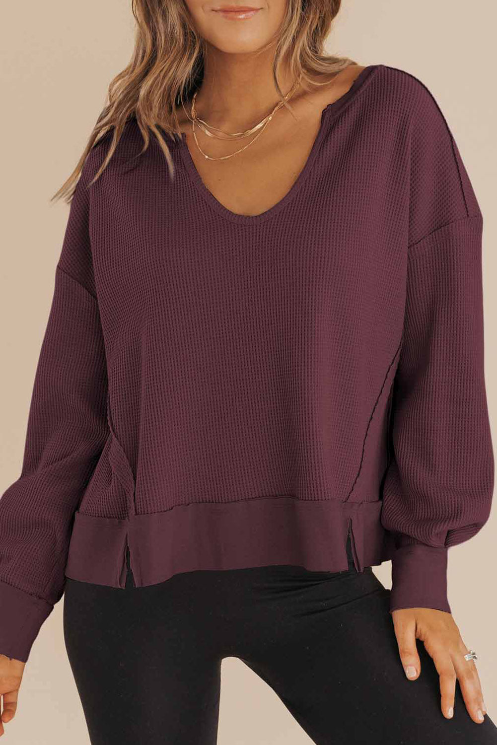 Black Waffle Knit Notched V Neck Drop Shoulder Solid Sweatshirt-Tops/Sweatshirts & Hoodies-[Adult]-[Female]-Red-S-2022 Online Blue Zone Planet