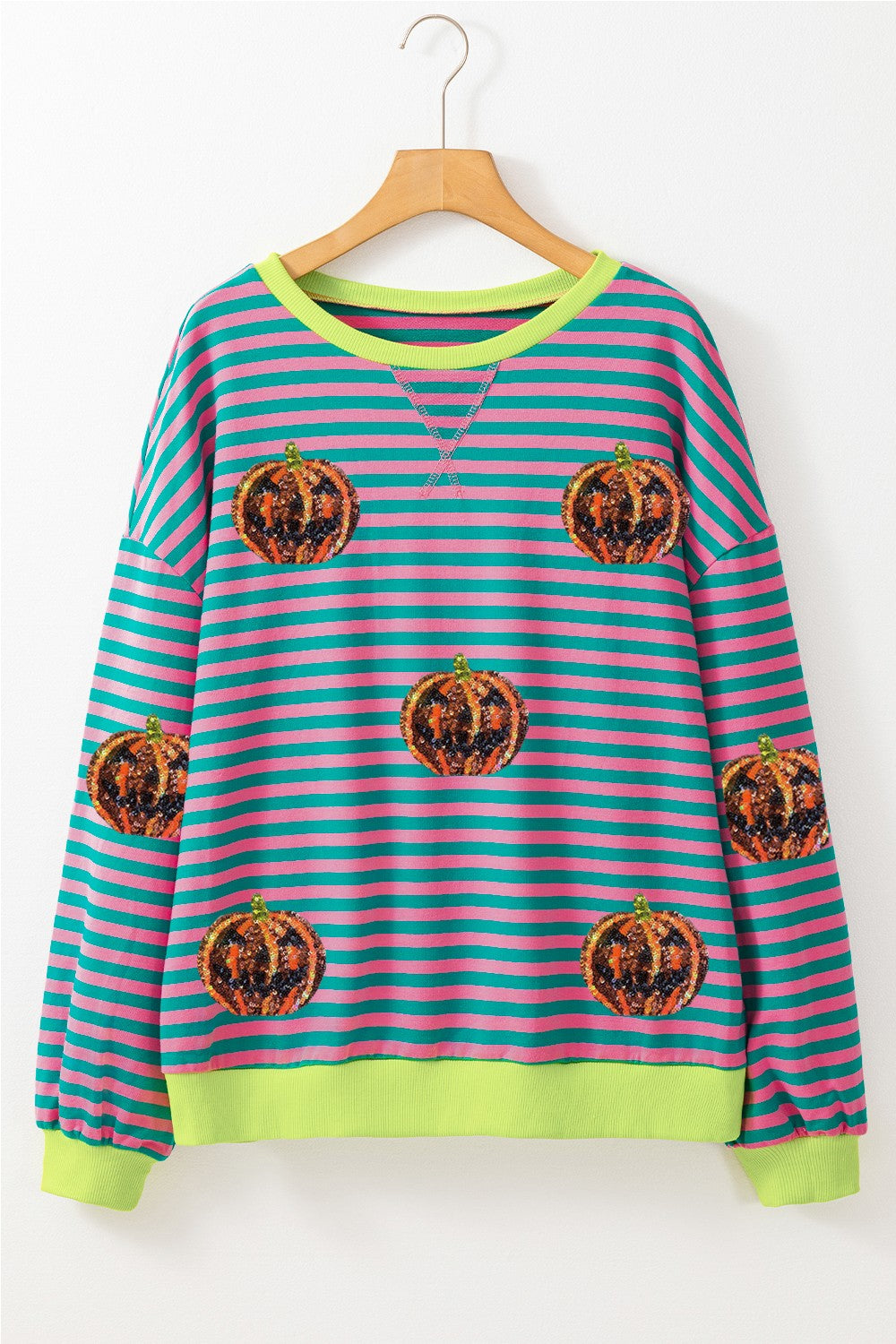 Pumpkin Striped Round Neck Long Sleeve Sweatshirt-TOPS / DRESSES-[Adult]-[Female]-2022 Online Blue Zone Planet