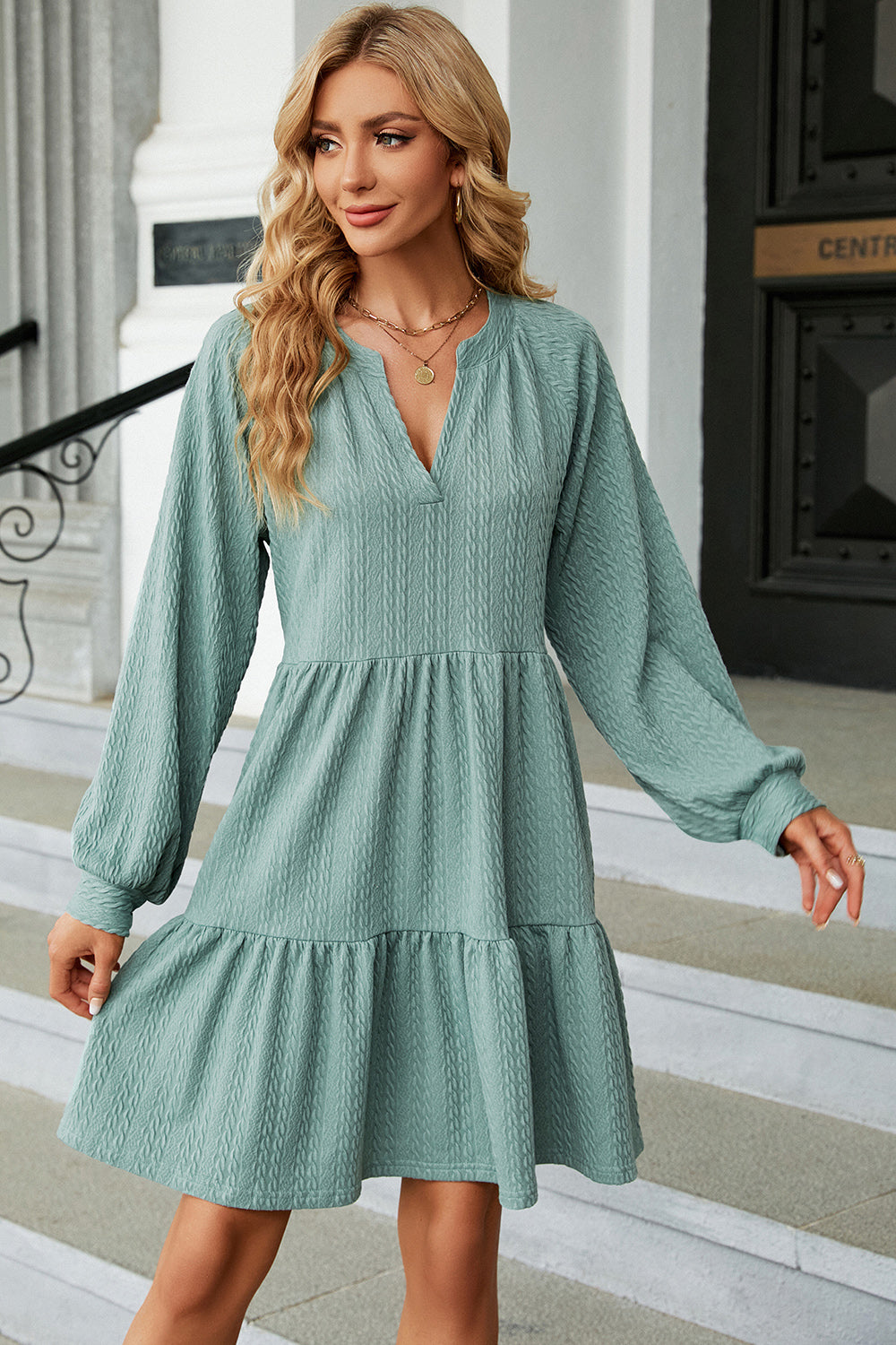 Ruched Notched Long Sleeve Mini Dress-TOPS / DRESSES-[Adult]-[Female]-Light Green-S-2022 Online Blue Zone Planet