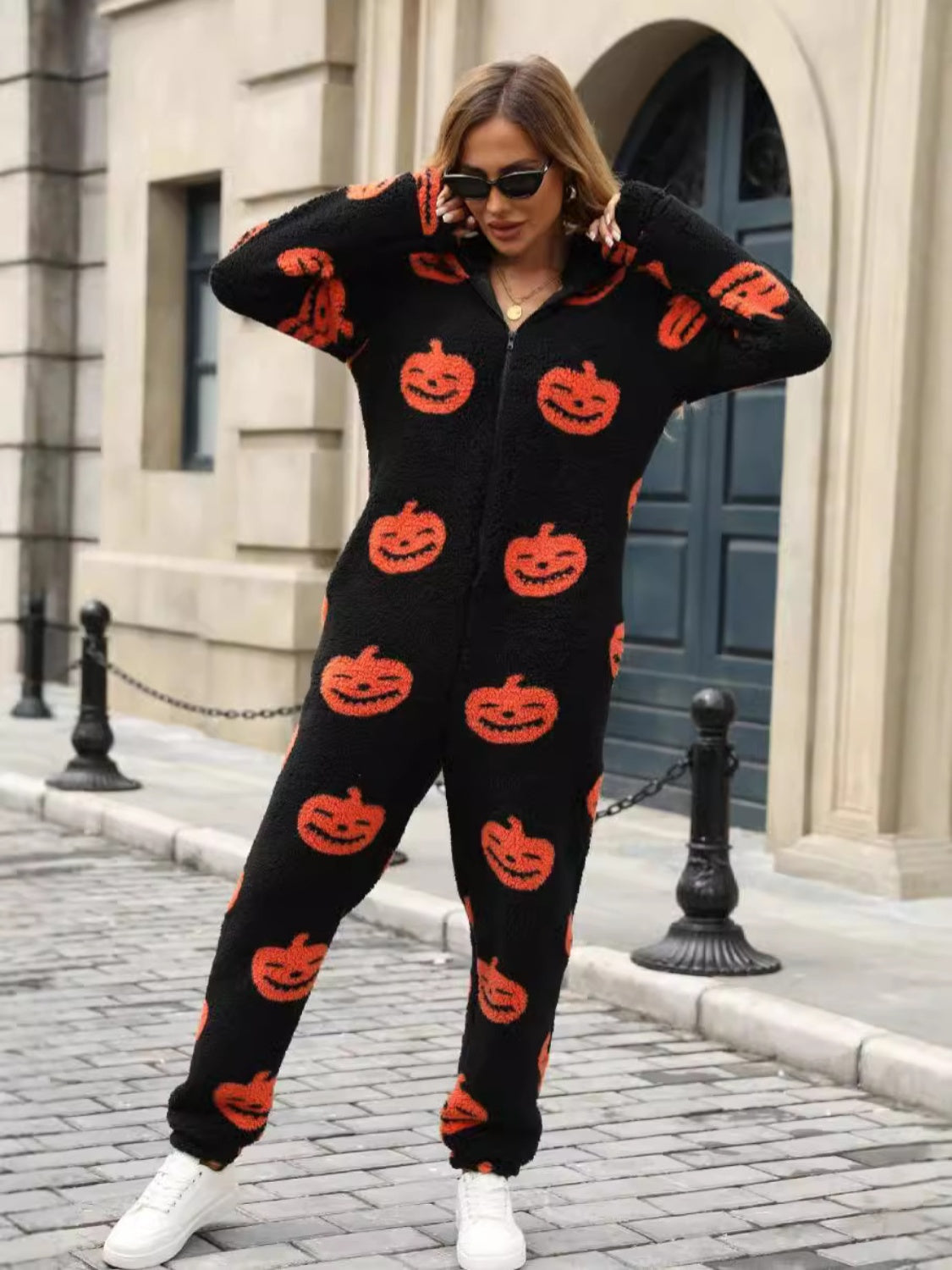 Fuzzy Pumpkin Half Zip Hooded Jumpsuit-TOPS / DRESSES-[Adult]-[Female]-2022 Online Blue Zone Planet