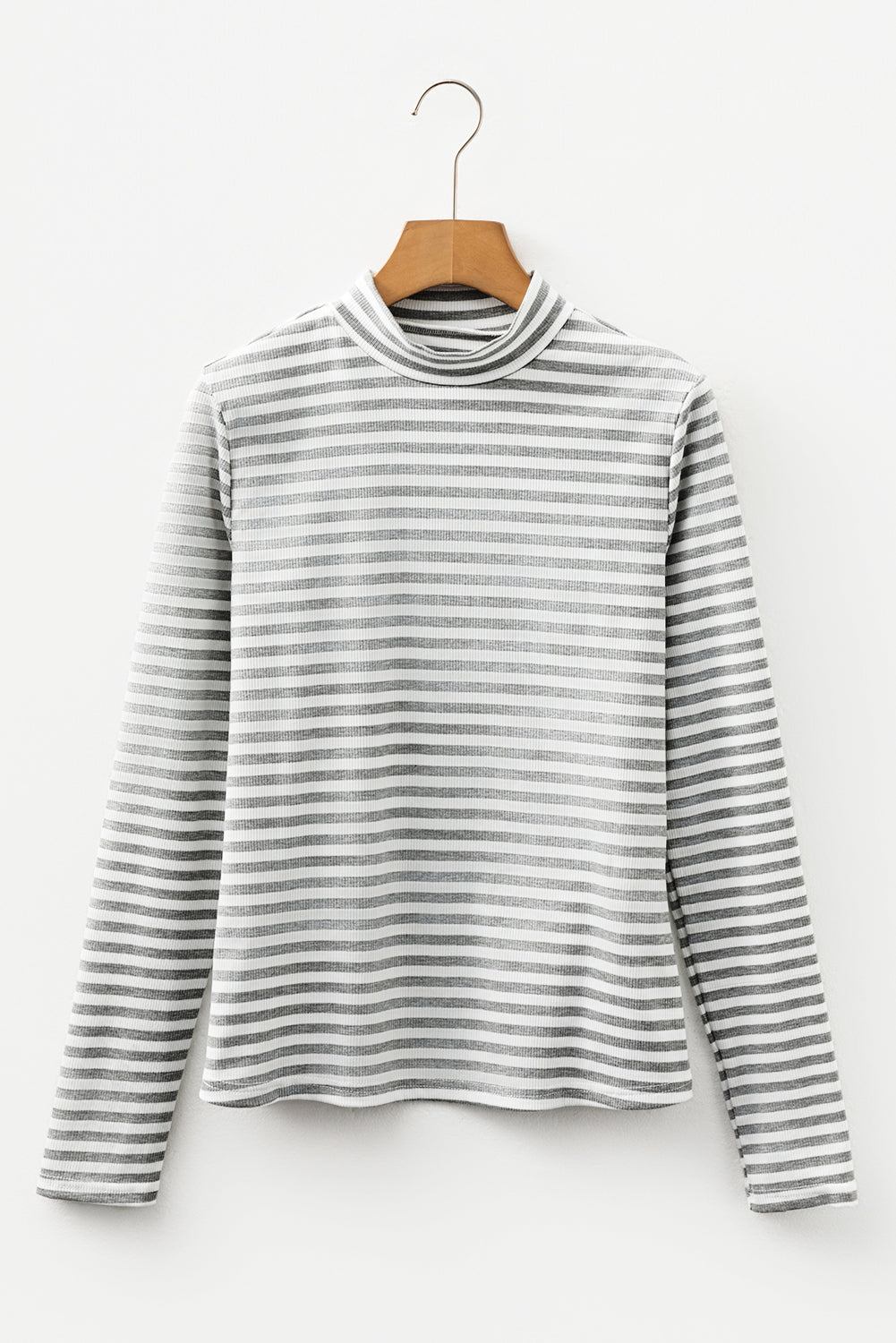 Gray Stripe Ribbed High Neck Slim Fit Long Sleeve Top-Tops/Long Sleeve Tops-[Adult]-[Female]-2022 Online Blue Zone Planet