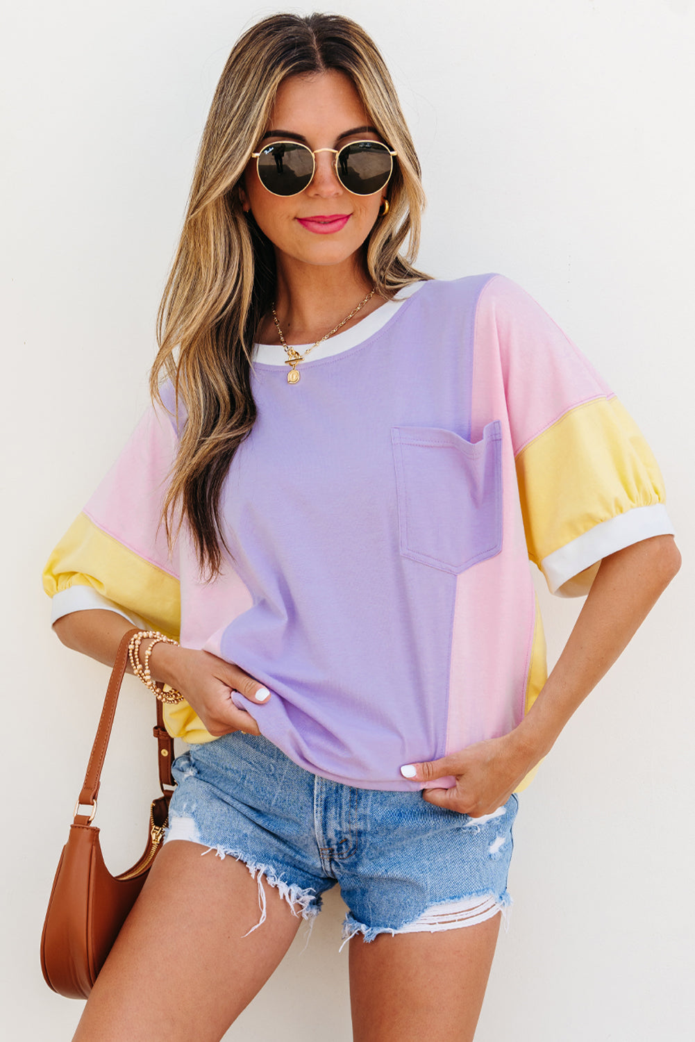 Purple Color Block Patchwork Half Sleeve Oversized T Shirt-Tops/Tops & Tees-[Adult]-[Female]-2022 Online Blue Zone Planet