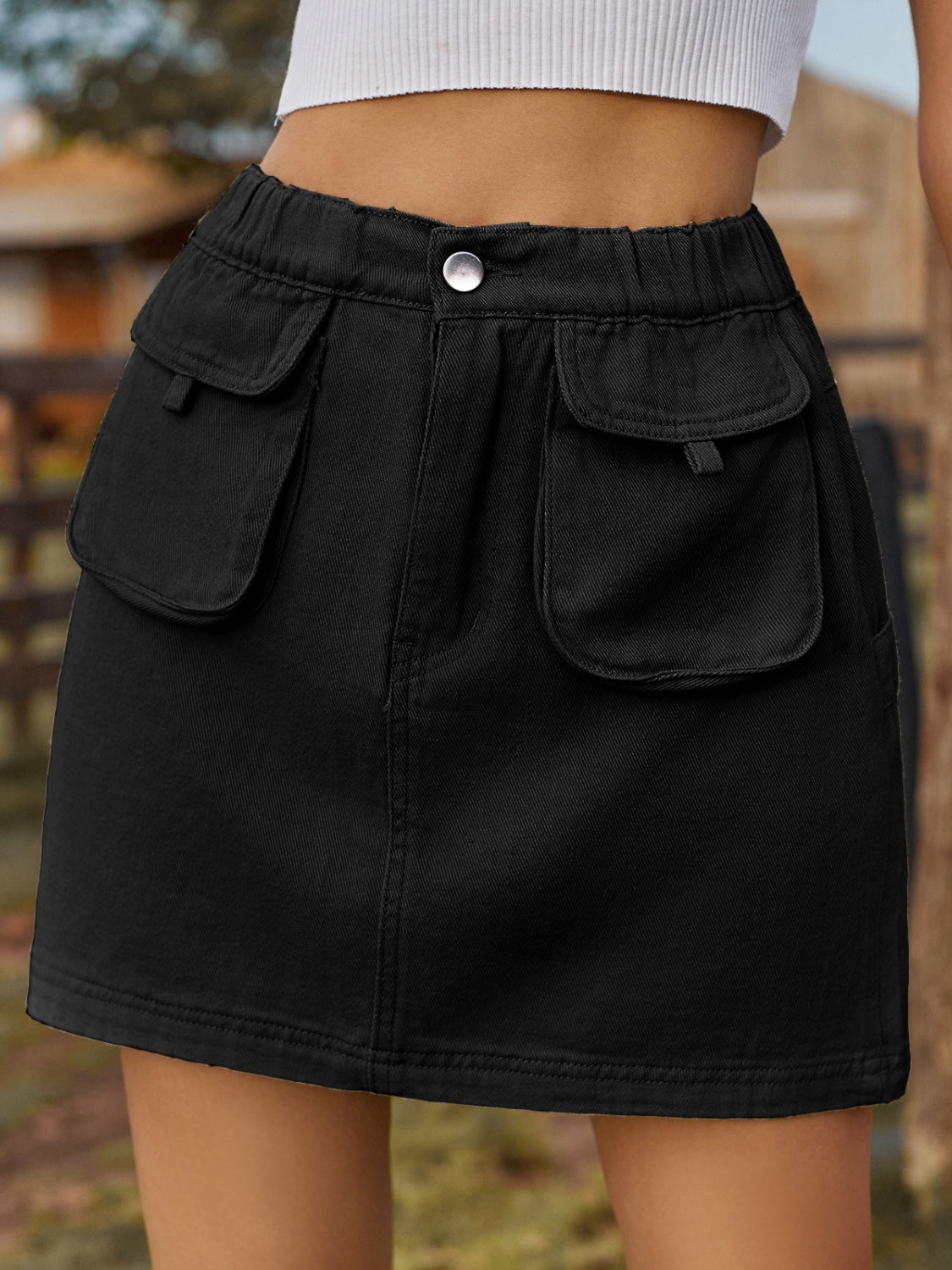 Pocketed Elastic Waist Denim Skirt-BOTTOMS SIZES SMALL MEDIUM LARGETTOMS-[Adult]-[Female]-2022 Online Blue Zone Planet