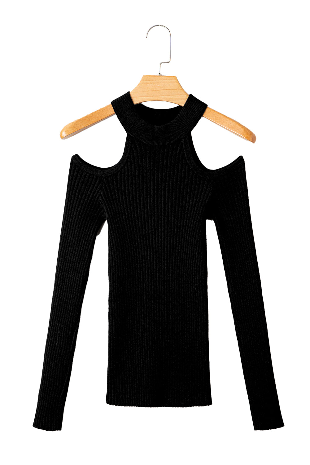 Black Ribbed Knit Cold Shoulder Choker Neck Sweater-TOPS / DRESSES-[Adult]-[Female]-2022 Online Blue Zone Planet