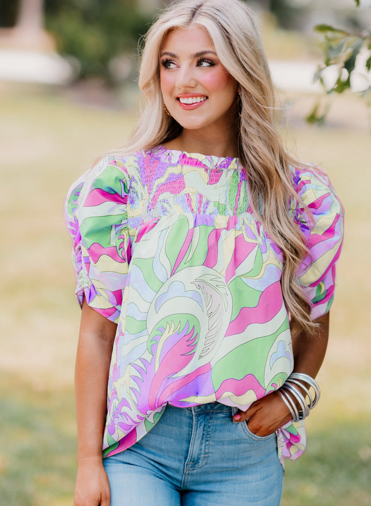 Green Abstract Print Bubble Sleeve Smock Detail Blouse-Tops/Blouses & Shirts-[Adult]-[Female]-2022 Online Blue Zone Planet