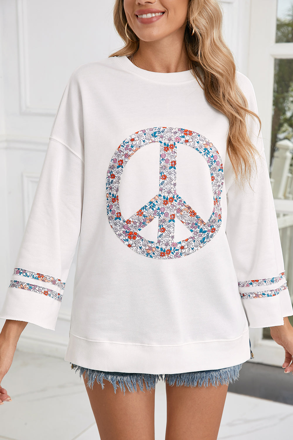 Light Pink Floral Peace Sign Drop Shoulder Top-Long Sleeve Tops-[Adult]-[Female]-2022 Online Blue Zone Planet