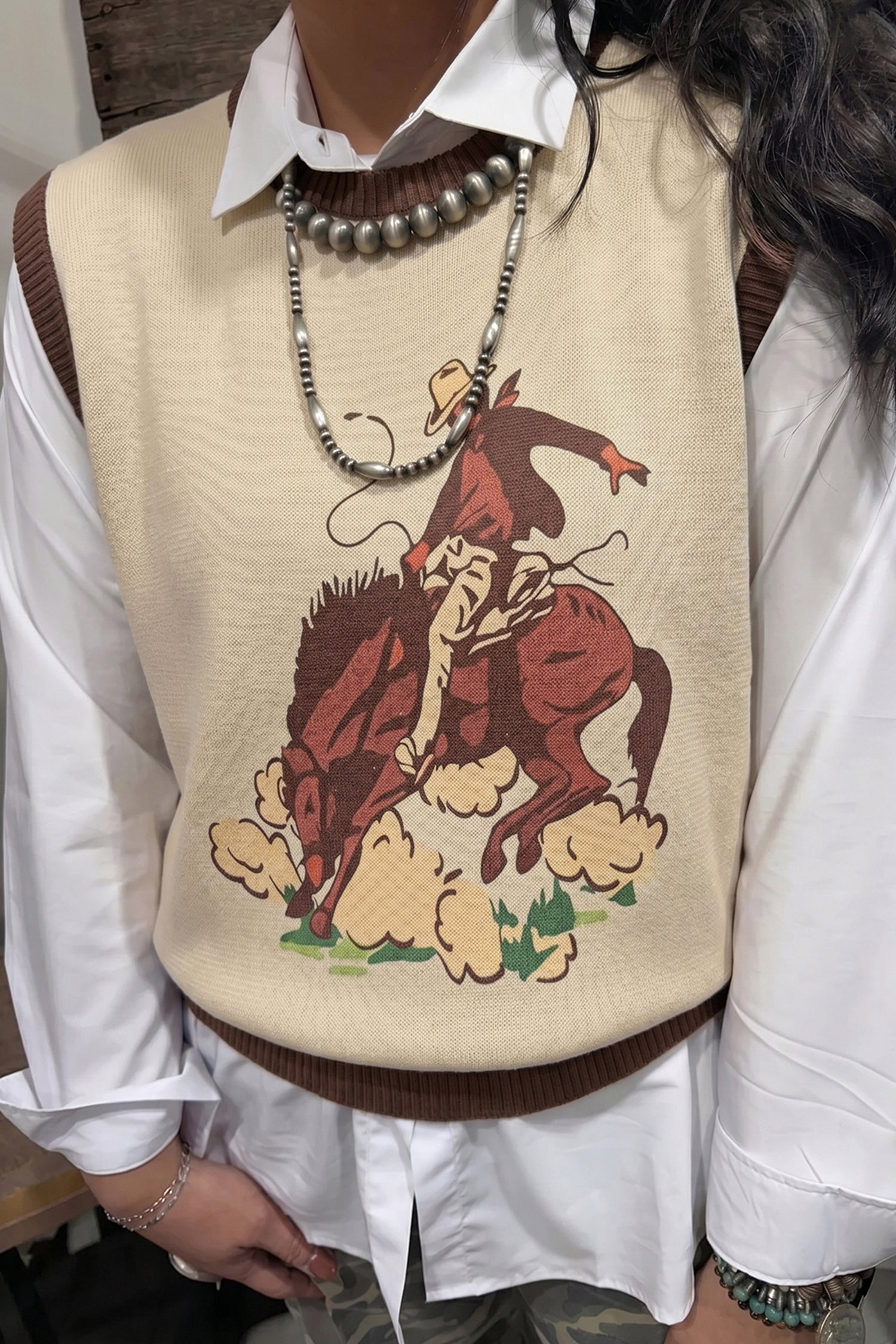 Khaki Western Print Colorblock Sleeveless Knit Vest Regular Length-Sweaters & Cardigans/Sweater Vests-[Adult]-[Female]-2022 Online Blue Zone Planet