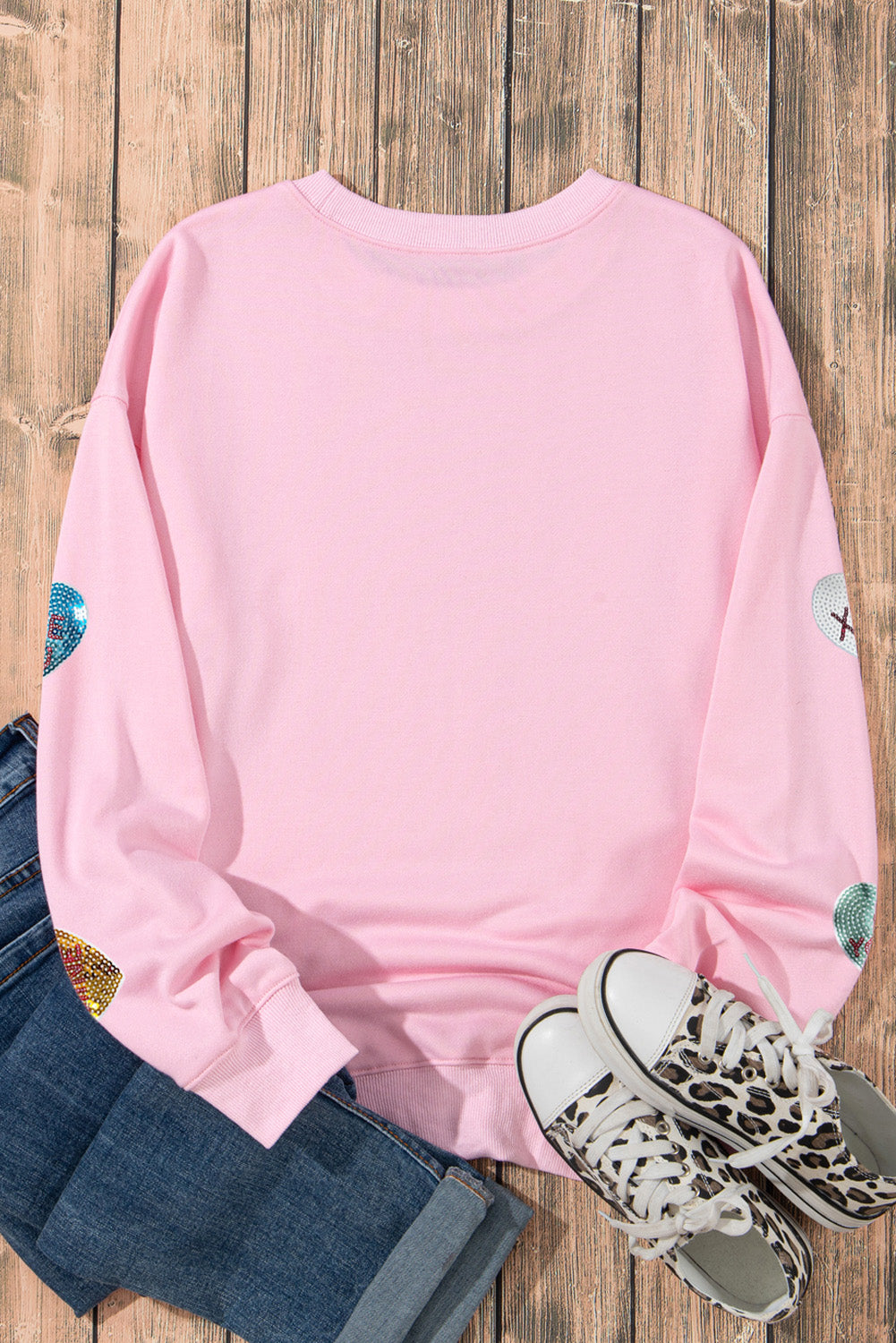 Pink Sequin Romantic Sweet Heart Graphic Valentines Sweatshirt-Graphic Tees-[Adult]-[Female]-2022 Online Blue Zone Planet