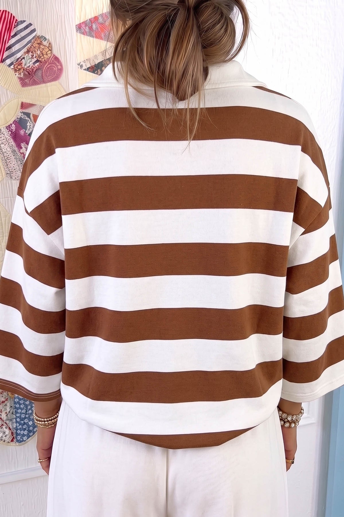Brown Stripe Contrast Collar 3/4 Sleeve Oversized Casual Top-Tops/Long Sleeve Tops-[Adult]-[Female]-2022 Online Blue Zone Planet