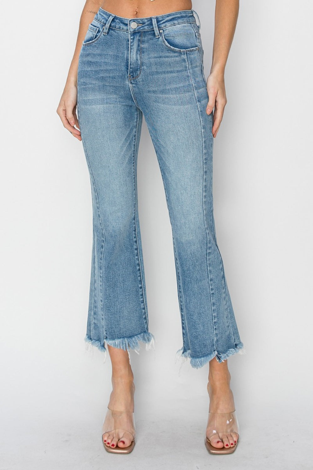 RISEN Full Size High Rise Frayed Hem Flare Jeans-BOTTOMS SIZES SMALL MEDIUM LARGE-[Adult]-[Female]-2022 Online Blue Zone Planet