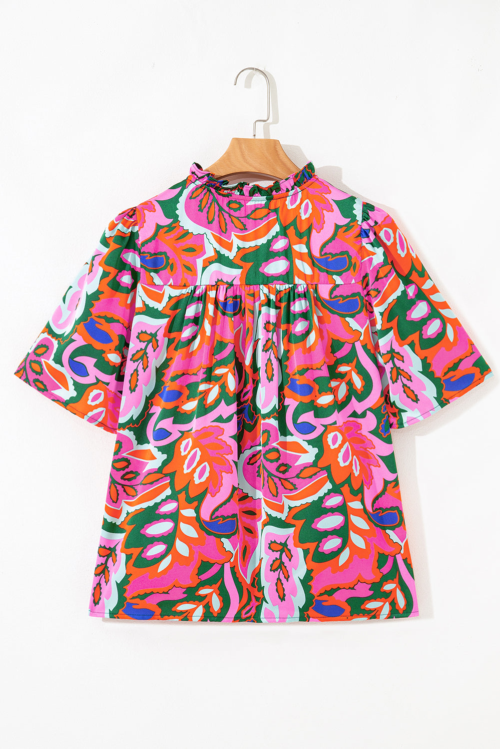 Rose Summer Plant Print Lace Up V Neck Short Sleeve Blouse-Tops/Blouses & Shirts-[Adult]-[Female]-2022 Online Blue Zone Planet