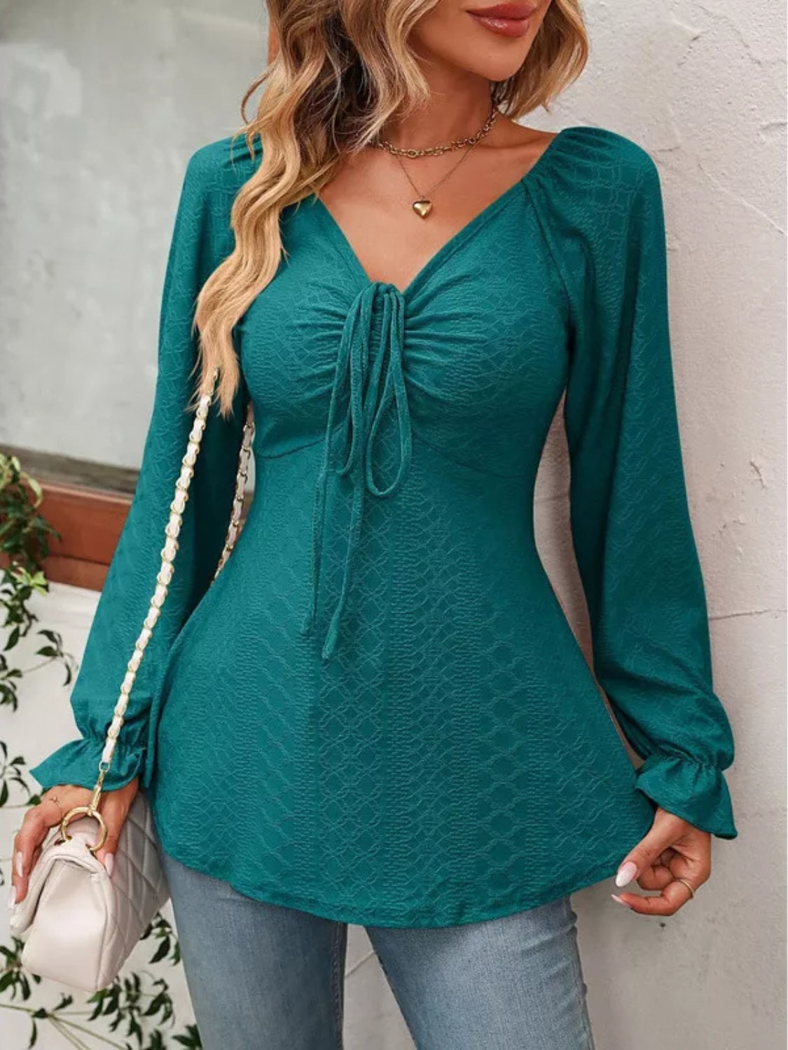 Full Size Drawstring Ruffled V-Neck Long Sleeve Blouse-TOPS / DRESSES-[Adult]-[Female]-French Blue-S-2022 Online Blue Zone Planet