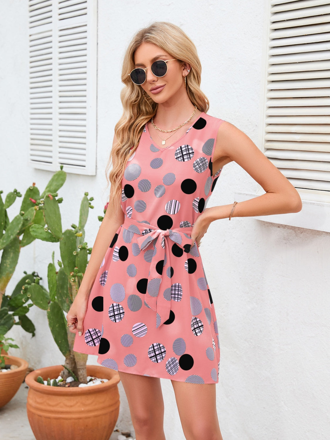 Tied Polka Dot V-Neck Dress-TOPS / DRESSES-[Adult]-[Female]-2022 Online Blue Zone Planet