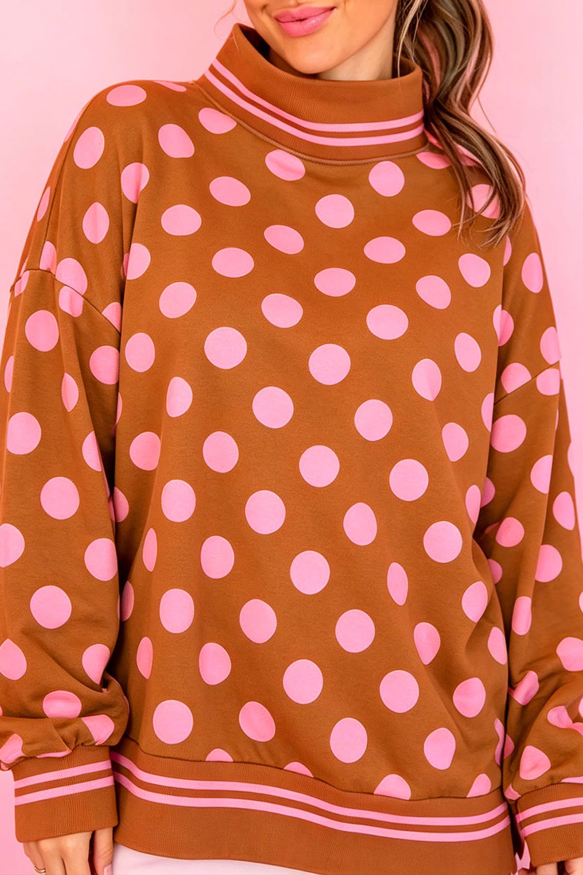 Rose Polka Dot Striped Trim Mock Neck Sweatshirt