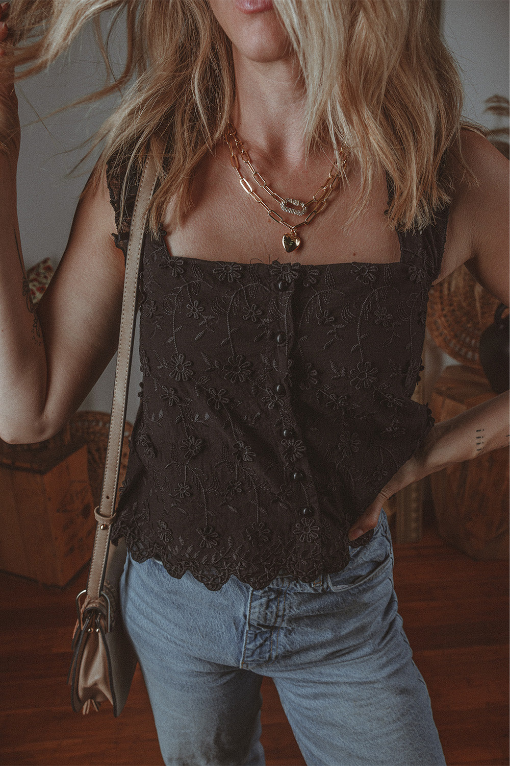 Black Floral Embroidered Buttoned Square Neck Tank Top-Tops/Tank Tops-[Adult]-[Female]-2022 Online Blue Zone Planet