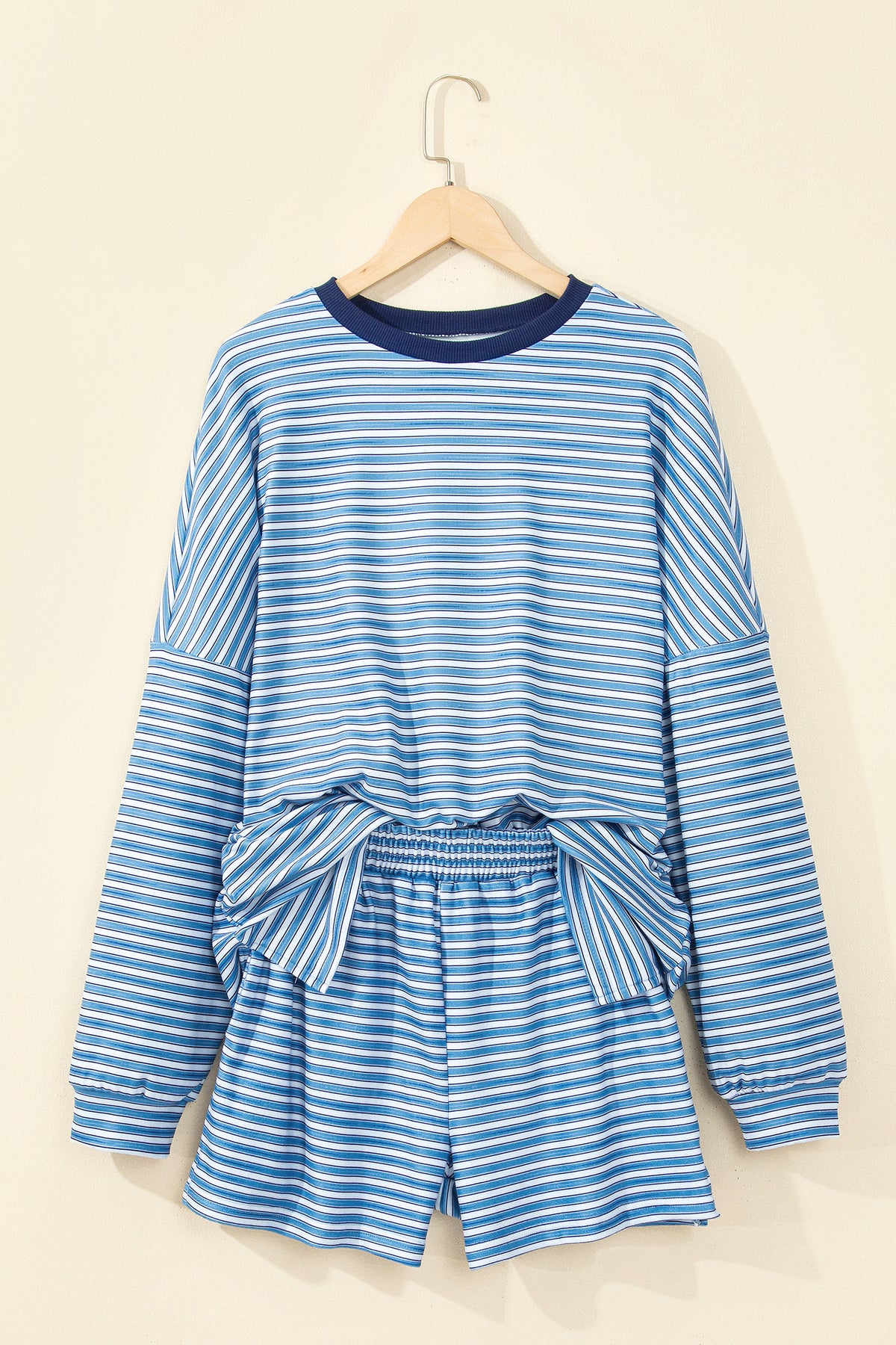 Sky Blue Stripe Long Sleeve Oversized Top Pocketed Casual Shorts Two Piece Set-Two Piece Sets/Short Sets-[Adult]-[Female]-2022 Online Blue Zone Planet