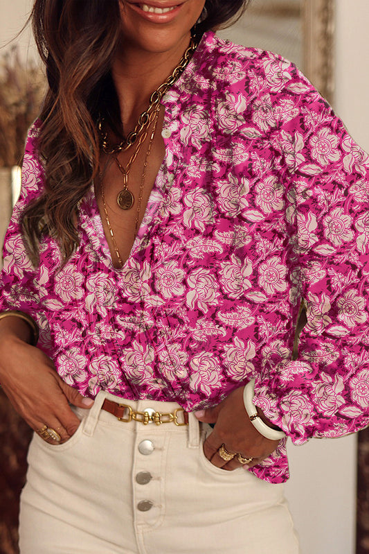 Pink Floral Print Split Neck Pleated Puff Sleeve Blouse-Tops/Blouses & Shirts-[Adult]-[Female]-Pink-S-2022 Online Blue Zone Planet