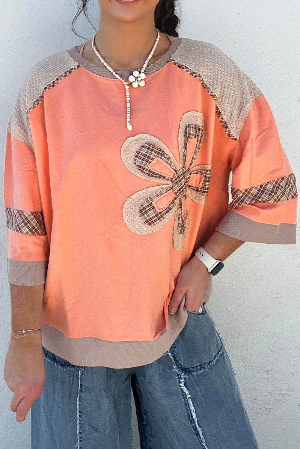 Grapefruit Orange Plaid Waffle Flower Patchwork Bracelet Sleeve Top-Bracelet-[Adult]-[Female]-2022 Online Blue Zone Planet
