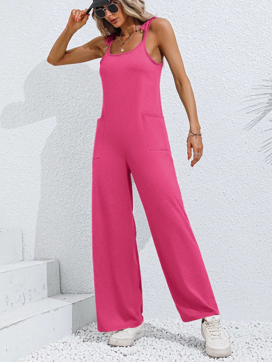 Scoop Neck Tie Shoulder Jumpsuit-BOTTOMS SIZES SMALL MEDIUM LARGE-[Adult]-[Female]-2022 Online Blue Zone Planet