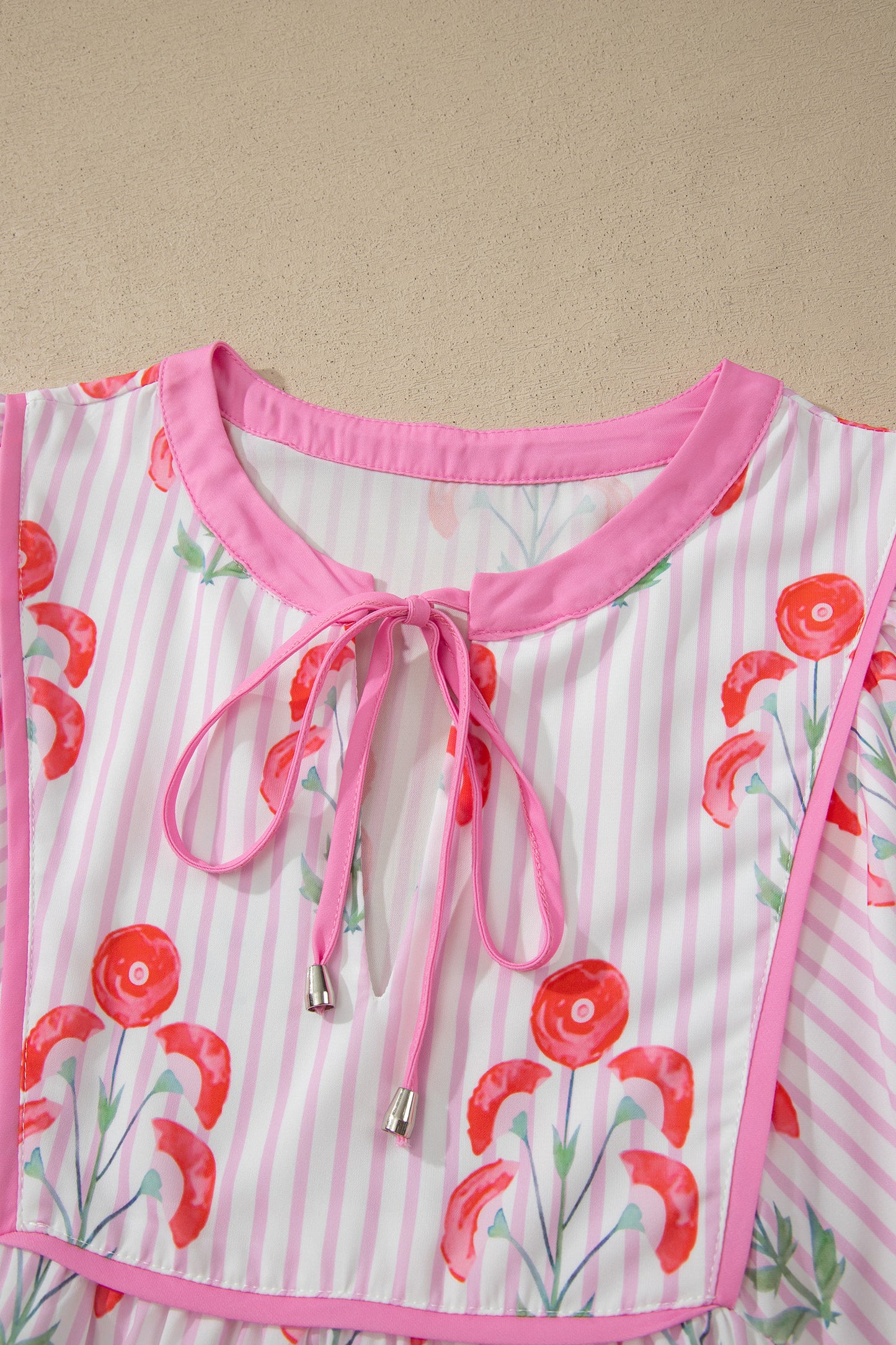 Pink Floral Striped Print Tie Notched Neck Puff Sleeve Flared Mini Dress-TOPS / DRESSES-[Adult]-[Female]-2022 Online Blue Zone Planet