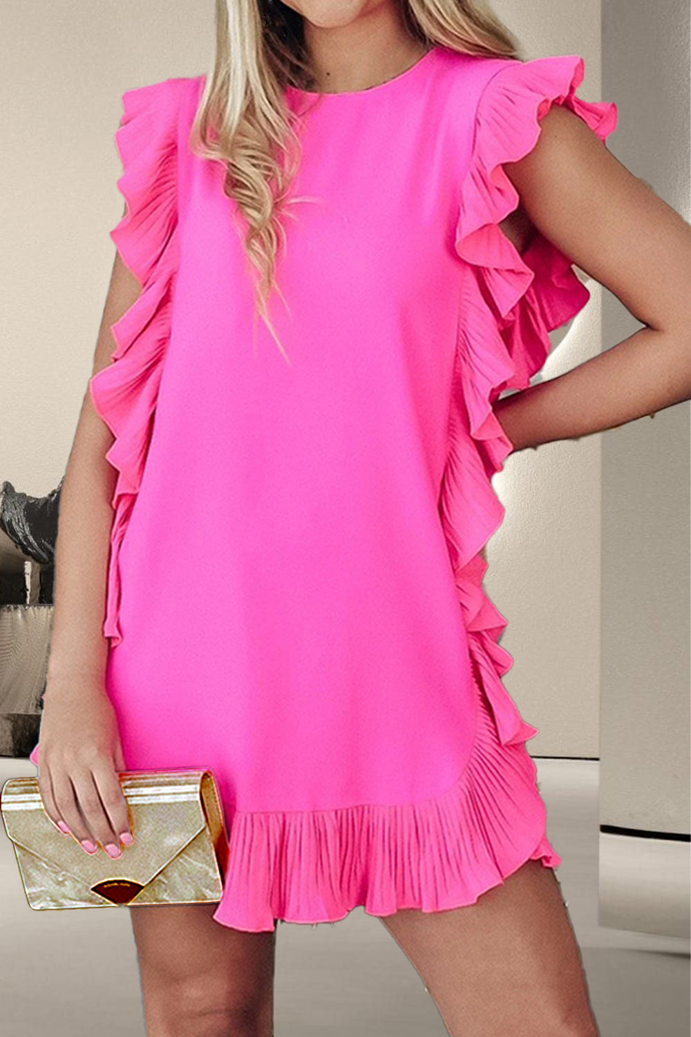 Ruffled Round Neck Cap Sleeve Mini Dress-TOPS / DRESSES-[Adult]-[Female]-Hot Pink-S-2022 Online Blue Zone Planet