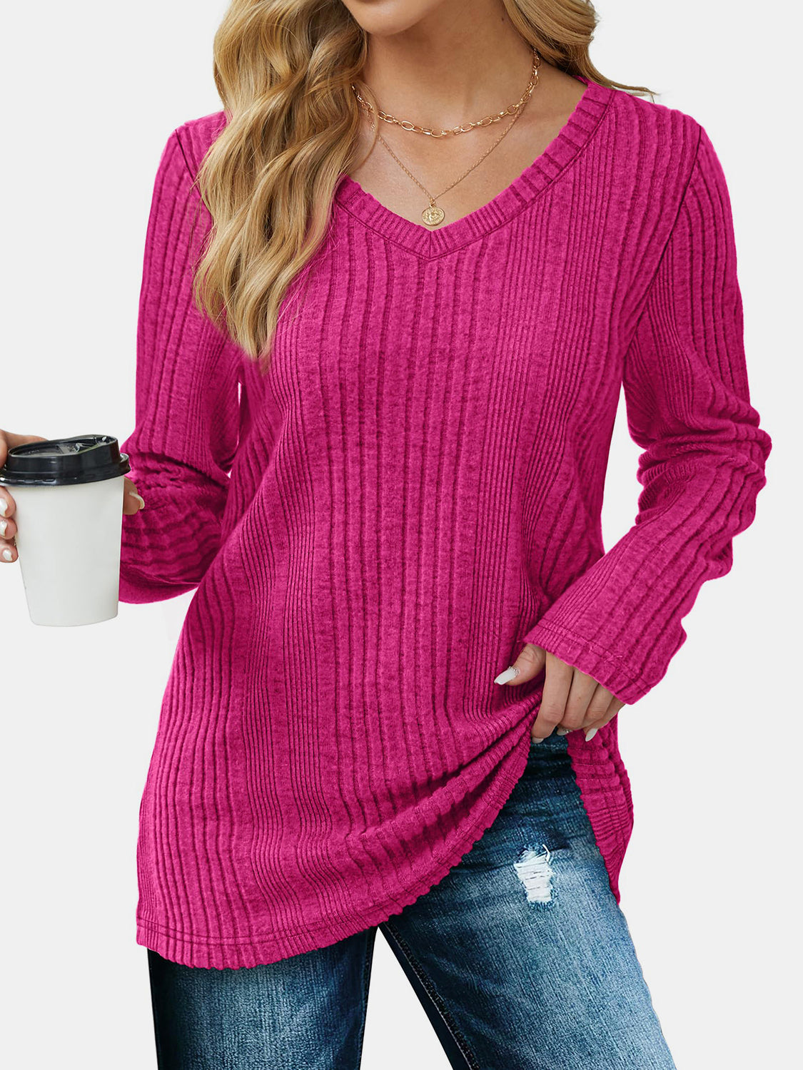 V-Neck Long Sleeve T-Shirt-TOPS / DRESSES-[Adult]-[Female]-2022 Online Blue Zone Planet