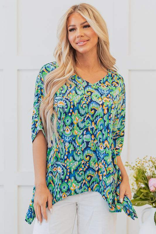 Green Abstract Print V Neck Half Sleeve Loose Fit Tunic Blouse-Tops/Blouses & Shirts-[Adult]-[Female]-Green-S-2022 Online Blue Zone Planet