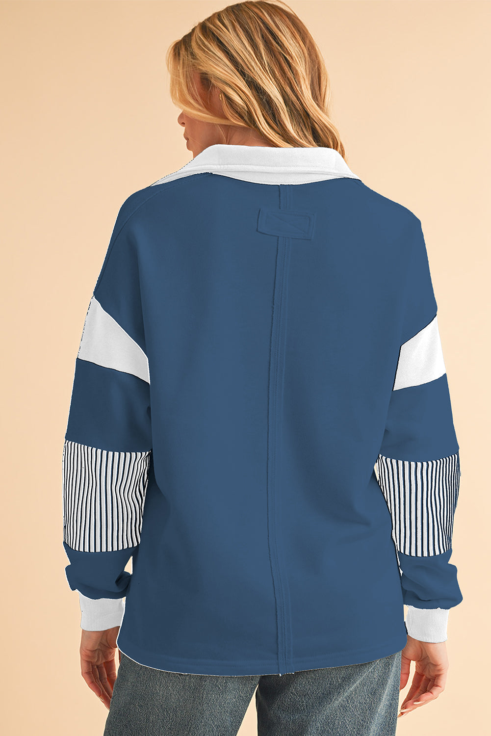 Sail Blue Striped Patchwork Collar Sweatshirt-Sweatshirts & Hoodies-[Adult]-[Female]-2022 Online Blue Zone Planet