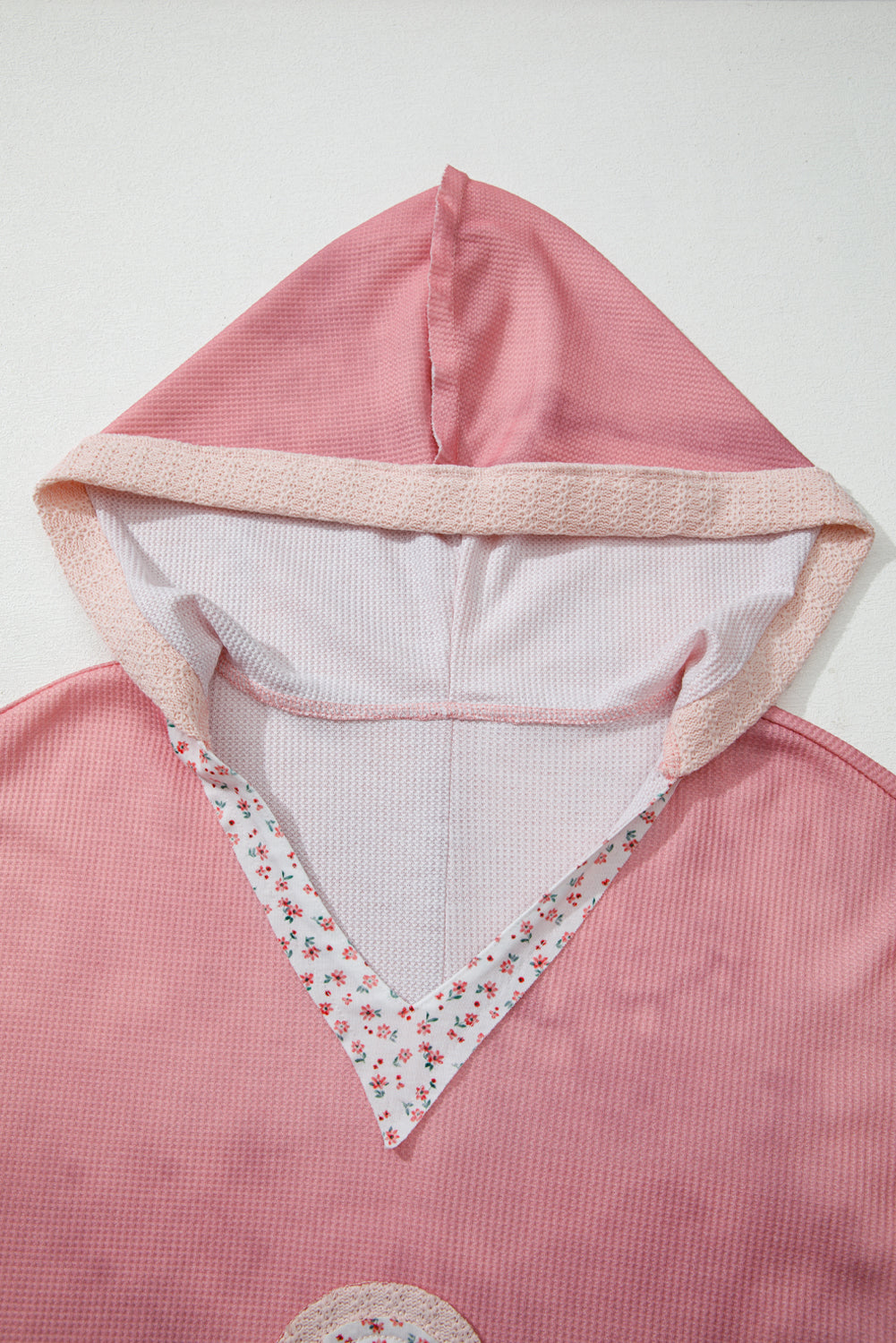 Pink Floral Patched Waffle Textured Colorblock V Neck Casual Hooded Top-Tops / Dresses-[Adult]-[Female]-2022 Online Blue Zone Planet