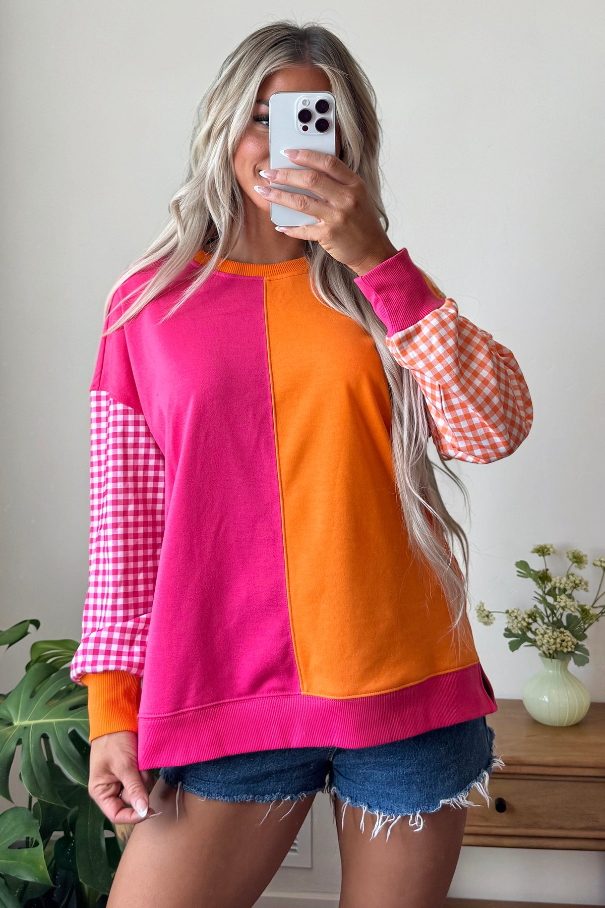 Rose Red Colorblock Gingham Sleeve Crewneck Sweatshirt-Tops/Sweatshirts & Hoodies-[Adult]-[Female]-2022 Online Blue Zone Planet