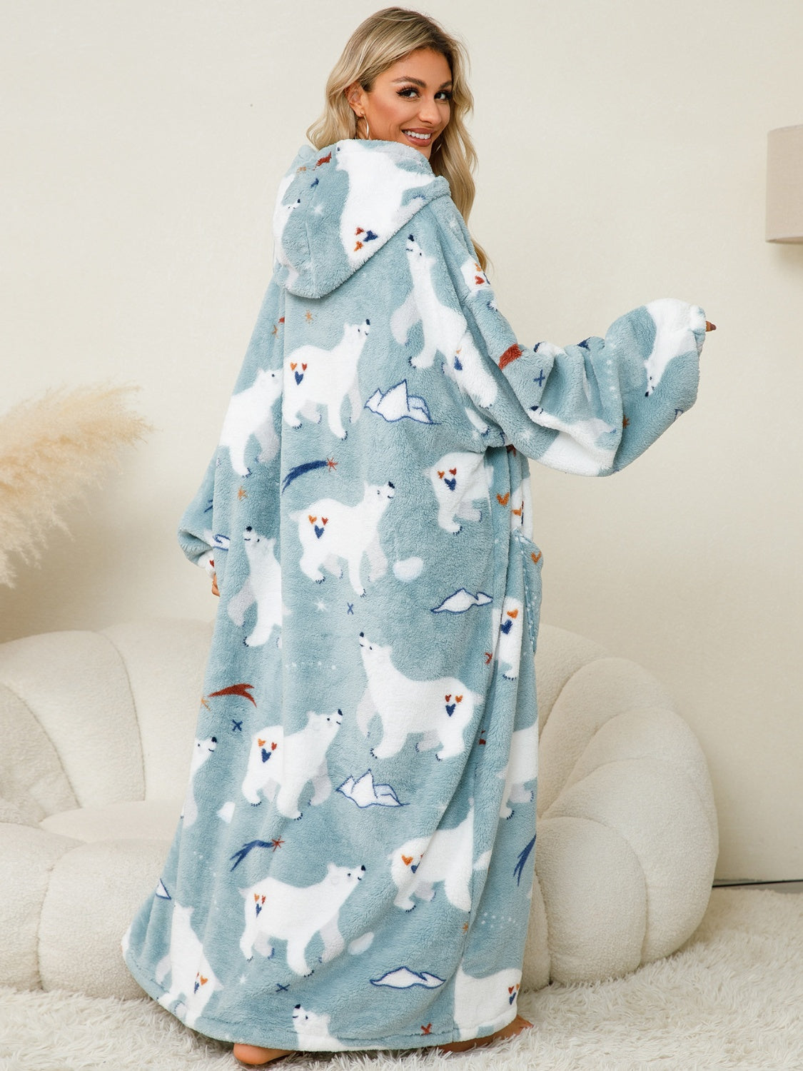 Fuzzy Pocketed Long Sleeve Hooded Lounge Dress-BOTTOMS SIZES SMALL MEDIUM LARGE-[Adult]-[Female]-2022 Online Blue Zone Planet