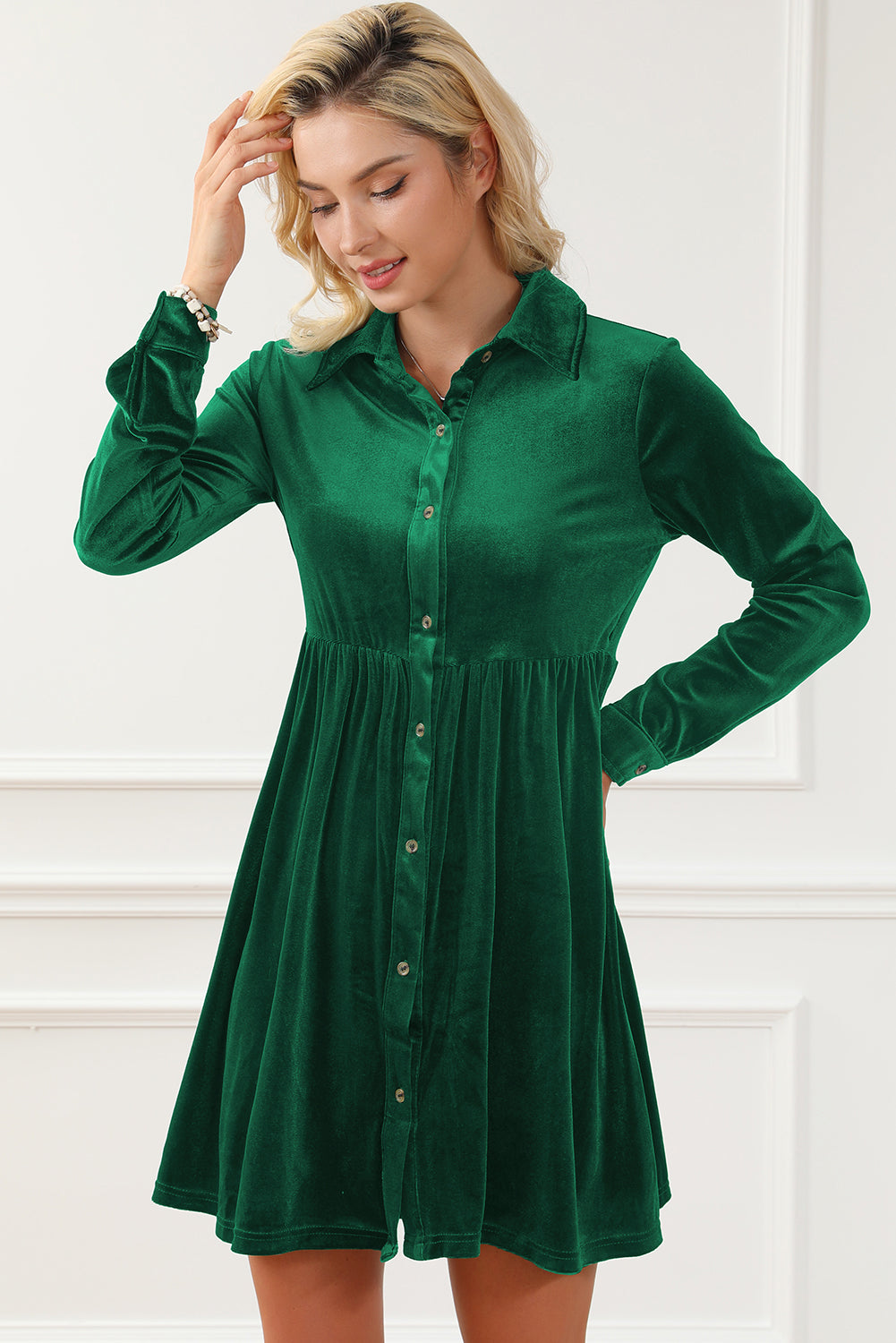 Blue Zone Planet | Green Long Sleeve Ruffle Velvet Button Up Dress-TOPS / DRESSES-[Adult]-[Female]-2022 Online Blue Zone Planet