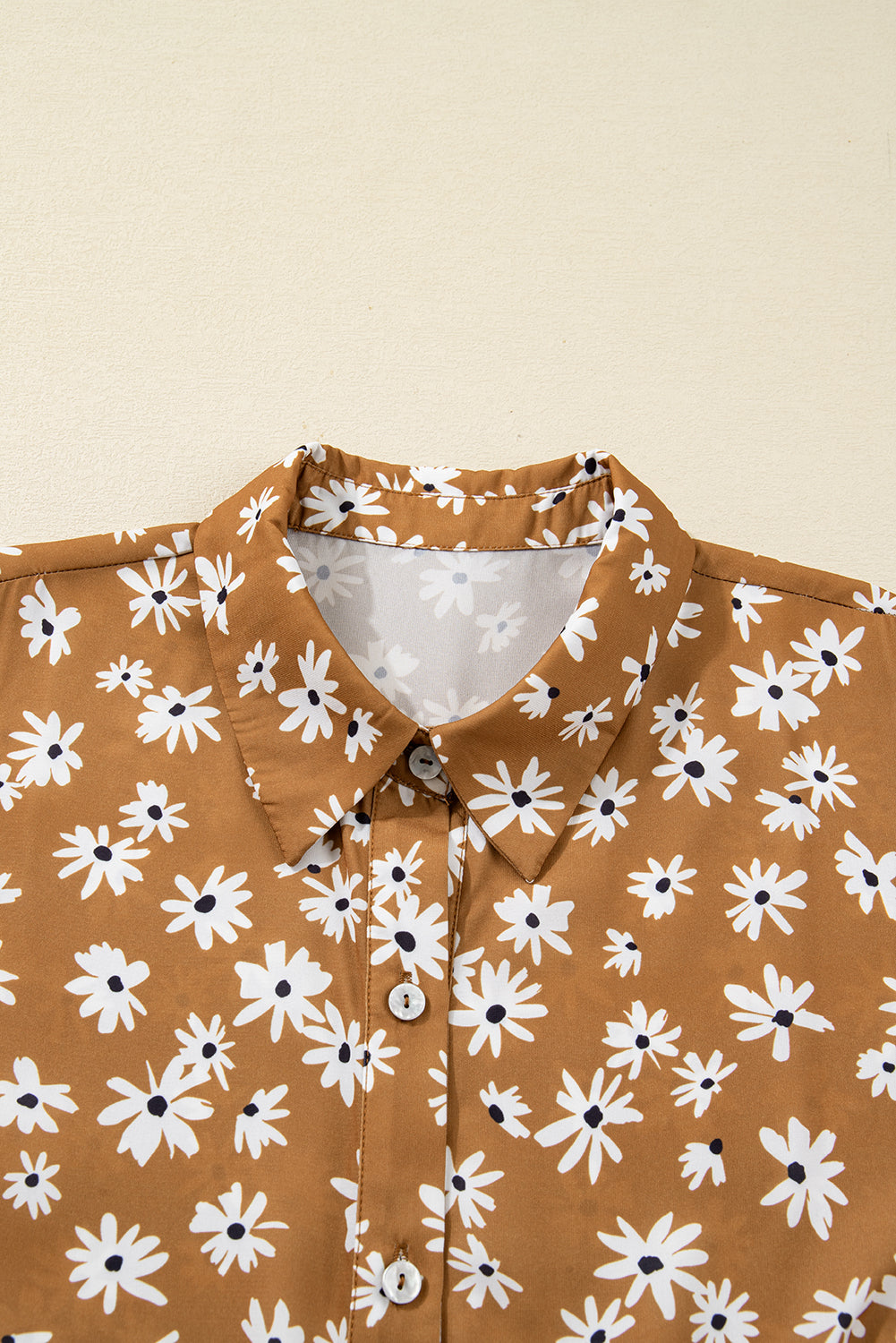 Khaki Plus Size Daisy Floral Print Button Split Neck Puff Sleeve Dress-TOPS / DRESSES-[Adult]-[Female]-2022 Online Blue Zone Planet